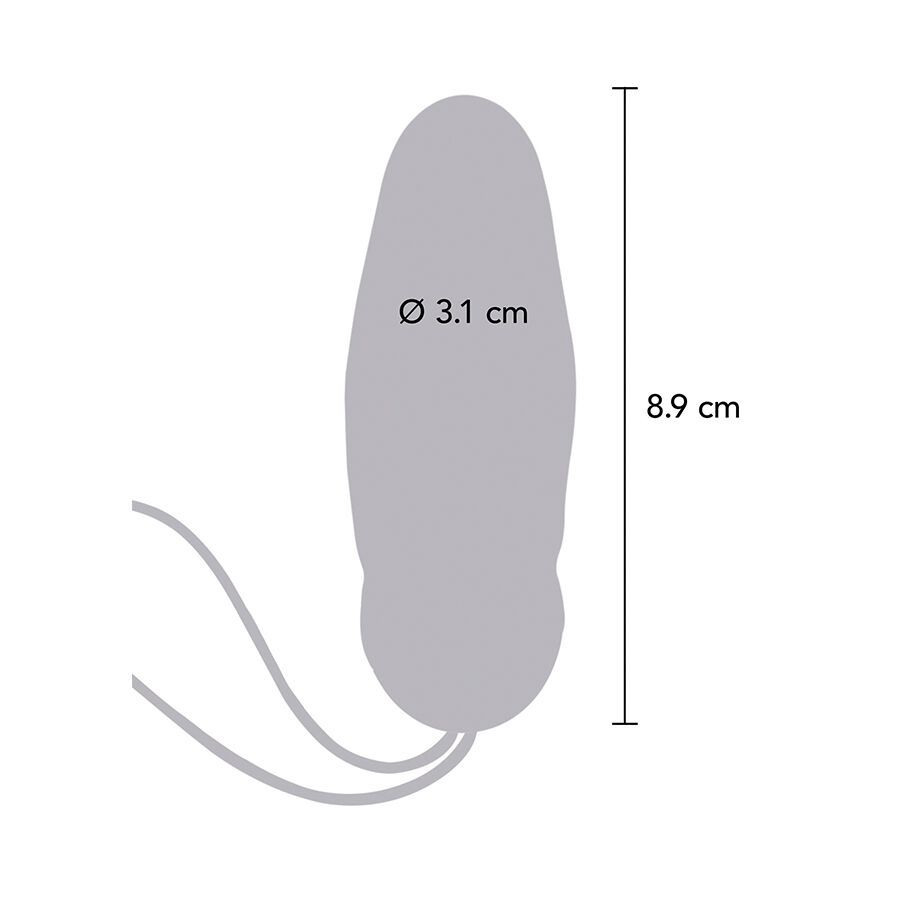 Graue Silhouette eines Vibrators mit Maßangaben: 3,1 cm Durchmesser, 8,9 cm Länge.