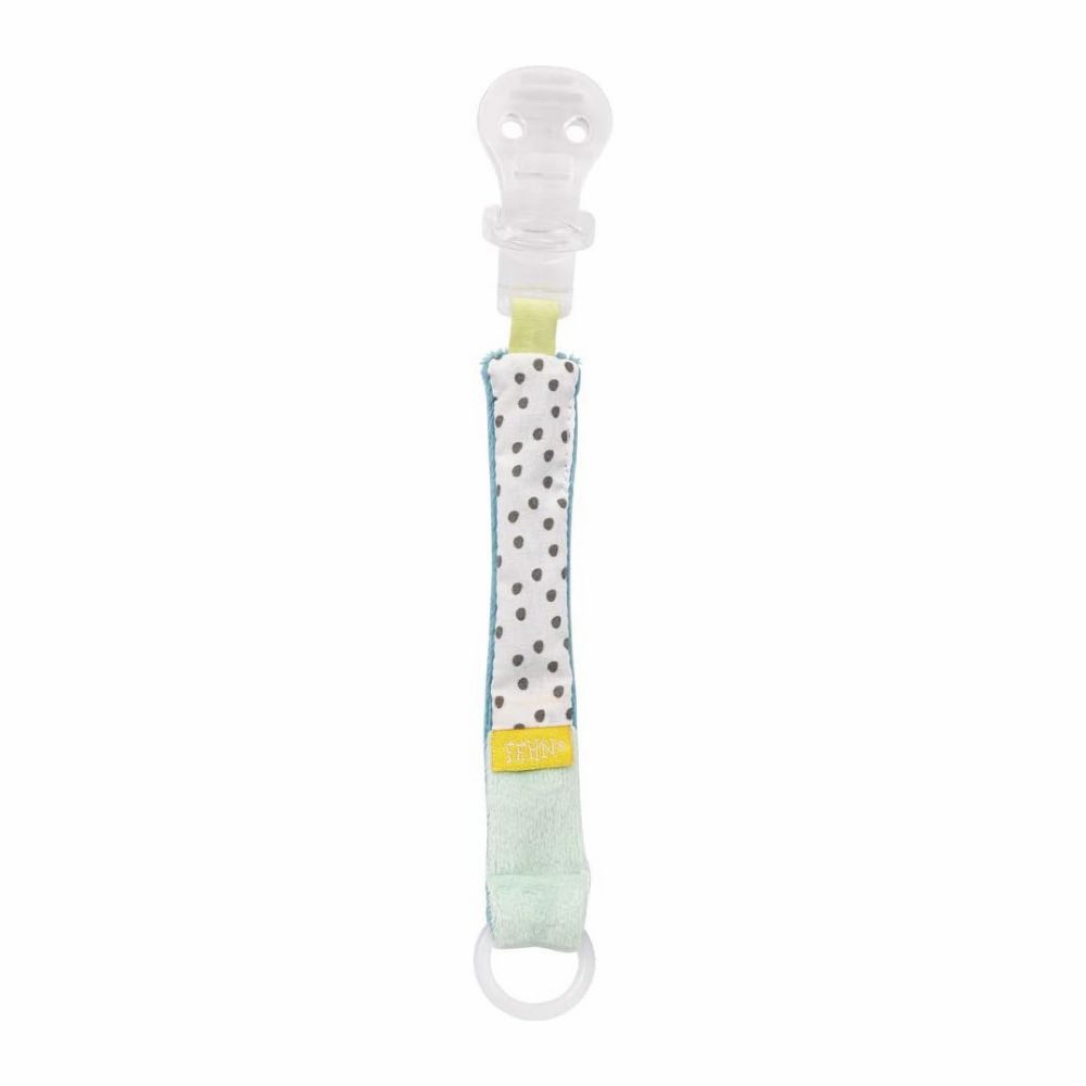 Schnullerkette Minze. Stoffband mit Punkten, gelben und grünen Akzenten. Transparenter Schnuller mit Ring.