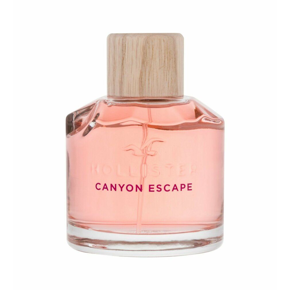 Rosa Glasflasche mit Holzdeckel. Aufschrift: Hollister Canyon Escape. Logo: Möwe.