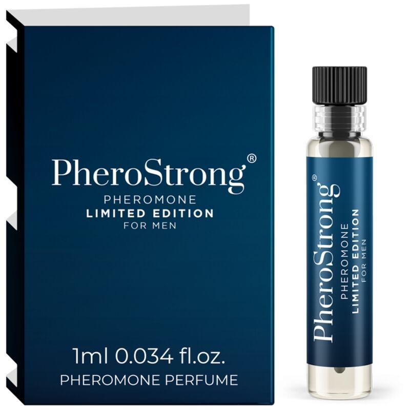 PheroStrong Pheromon Parfüm Limited Edition für Männer, 1ml. Fläschchen und Kartonverpackung.