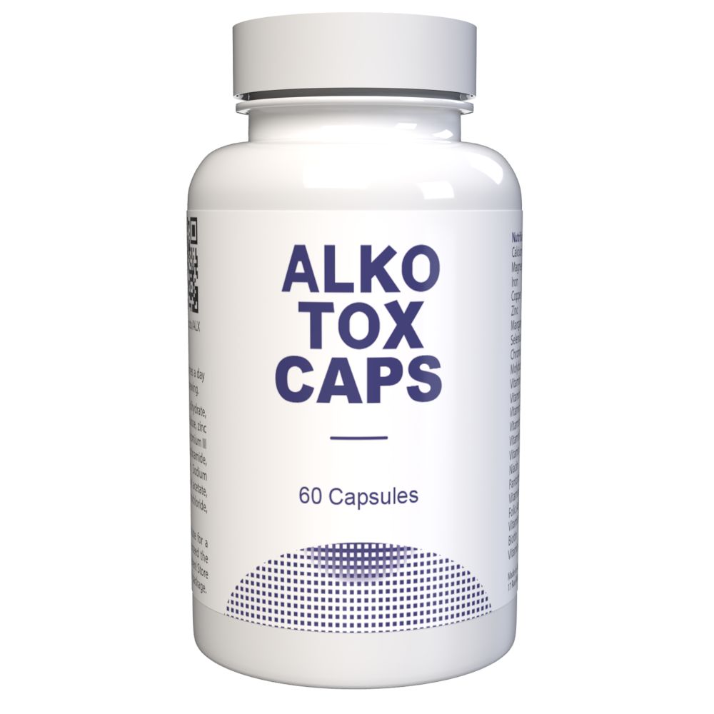 Weiße Flasche mit blauem Etikett. Aufschrift: ALKOTOX CAPS, 60 Kapseln. QR-Code und Barcode.