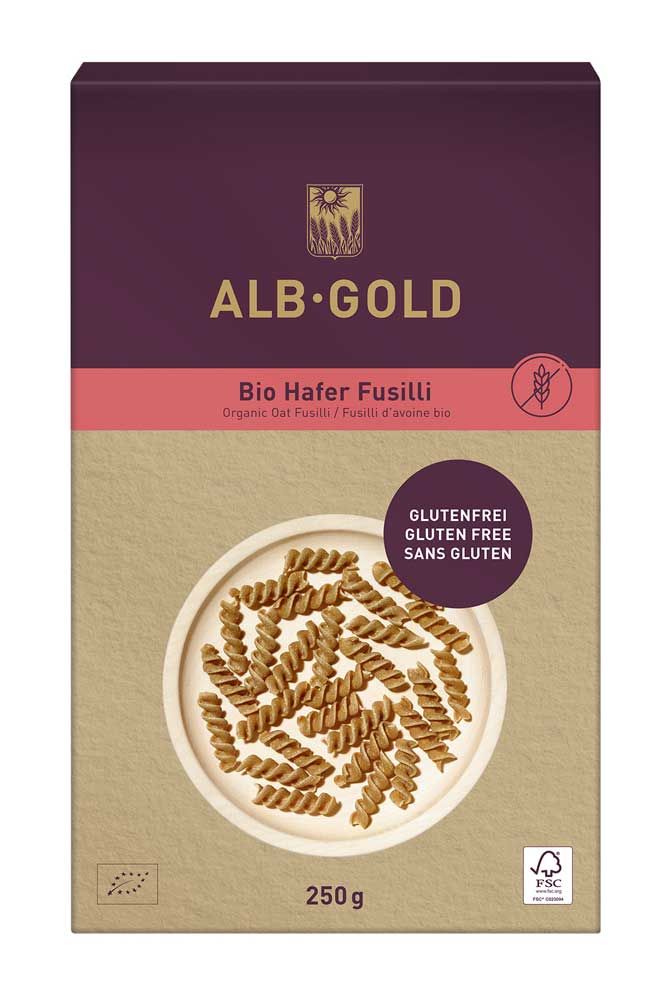 Verpackung von Bio Hafer Fusilli. Enthält glutenfreie Nudeln. Marke: ALB-GOLD. Gewicht: 250g. FSC-zertifiziert.