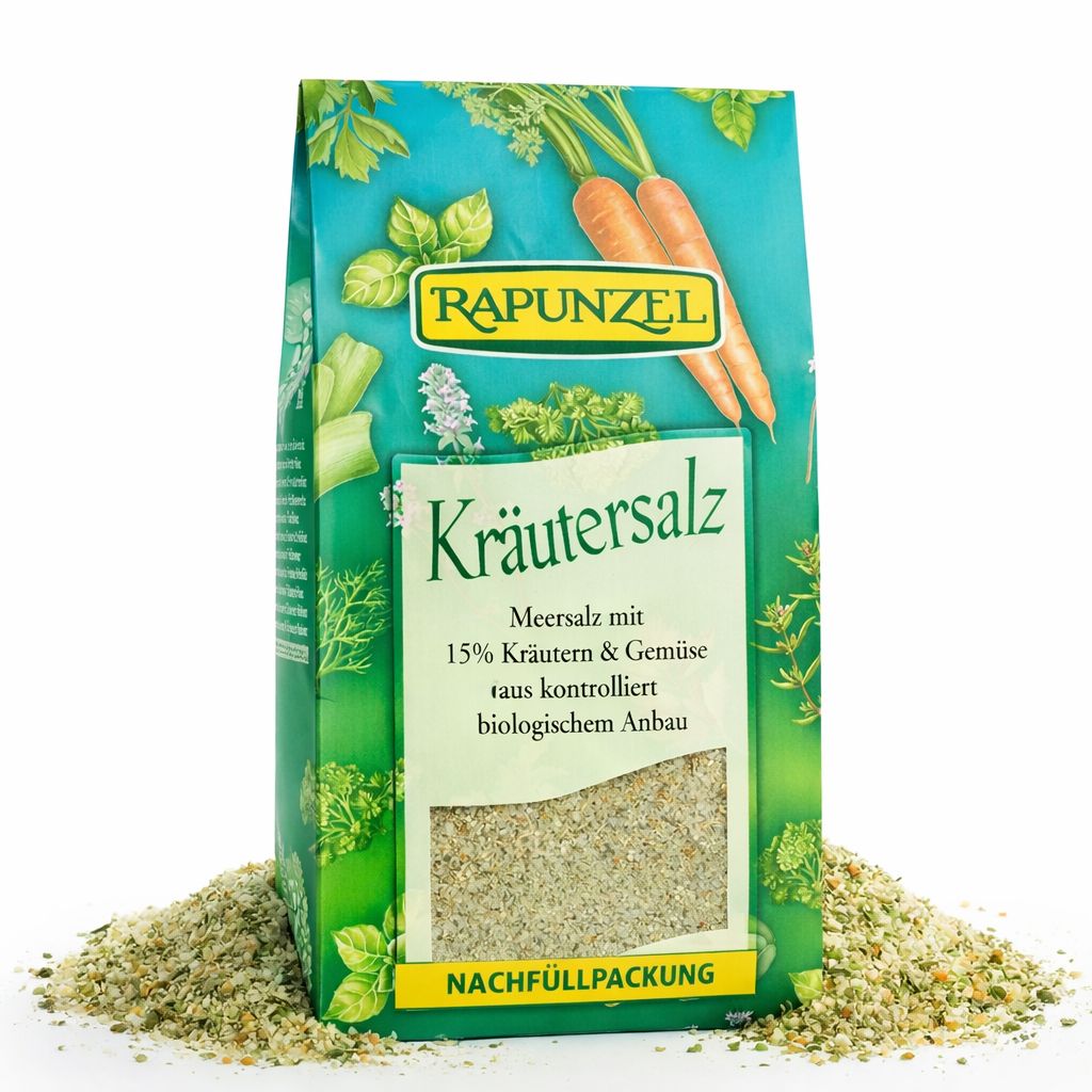 Rapunzel Kräutersalz Nachfüllpackung mit Meersalz, Kräutern und Gemüse aus biologischem Anbau.