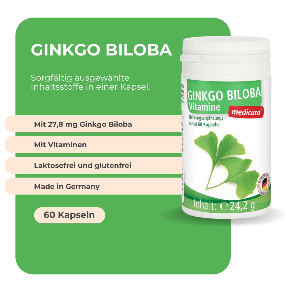 MEDICURA AG Ginkgo Biloba Kapseln: 27,8 mg Ginkgo Biloba, Vitamine, Laktosefrei, Glutenfrei, Made in Germany, 60 Kapseln.