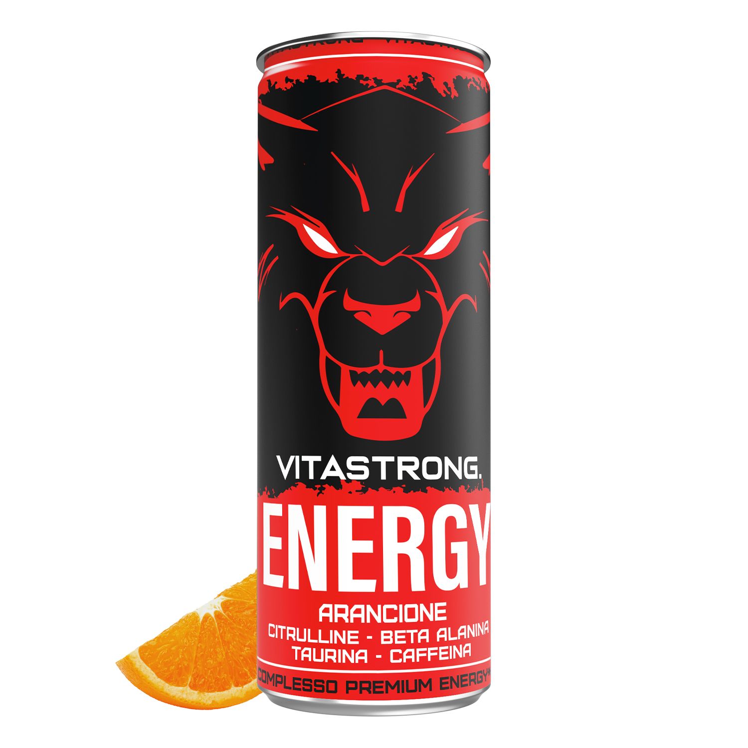 Vitastrong Energy Orange Dose. Rote und schwarze Dose mit Wolfsgesicht. Orange-Scheibe daneben.