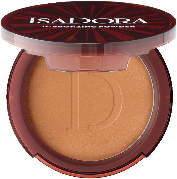 Geöffnete, runde IsaDora Bronzing Powder-Dose. Braunes Puder mit geprägtem 'D'. Transparenter Deckel.