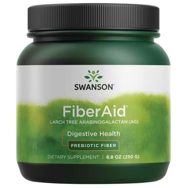 Grüne Dose mit schwarzem Deckel. Aufschrift: Swanson FiberAid, Larch Tree Arabinogalactan (AG), Digestive Health, Prebiotic Fiber. Nahrungsergänzungsmittel.