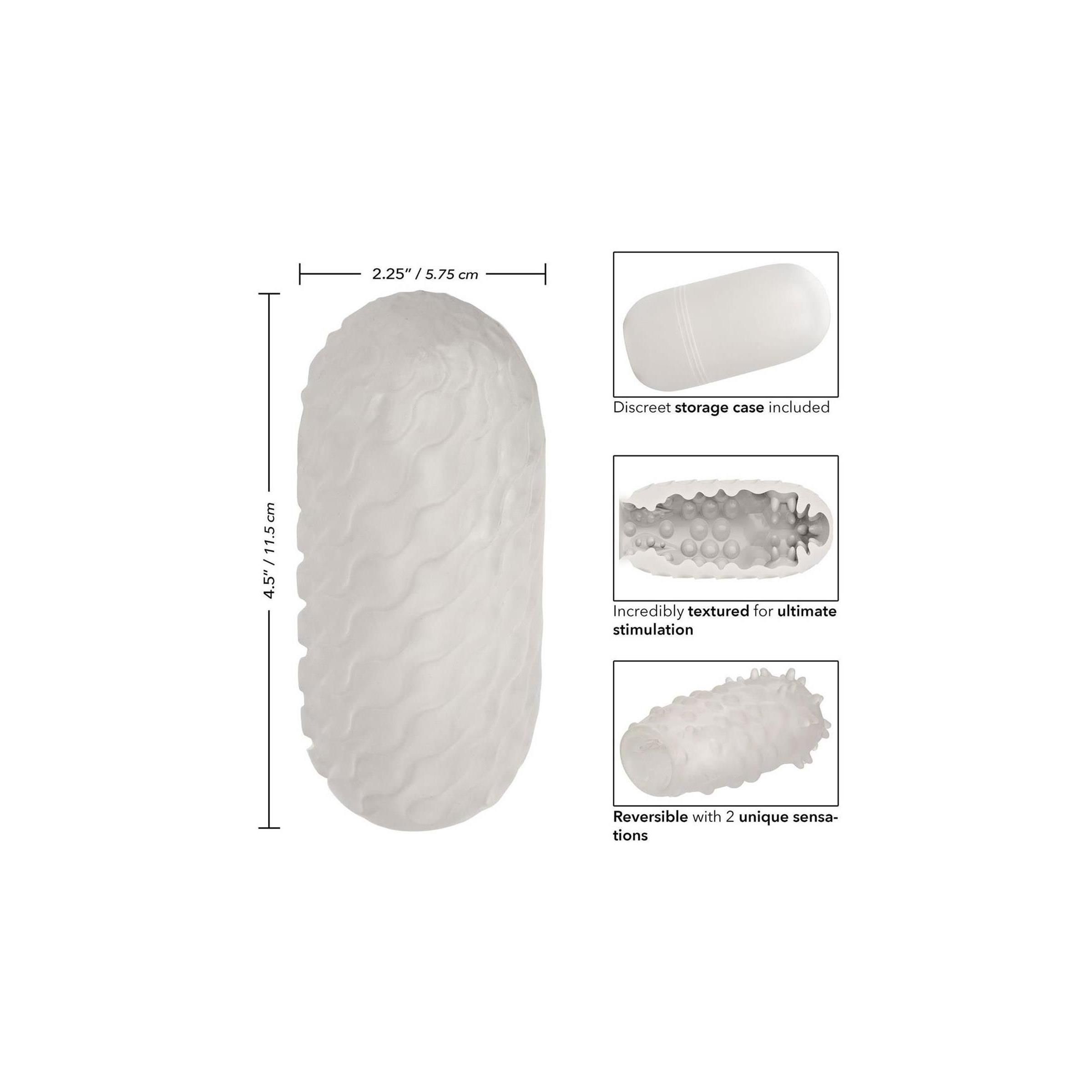Weißer Stroker mit Wellenmuster. Maße: 4,5 Zoll/11,5 cm. Inklusive Aufbewahrungsetui. Zwei Texturen.
