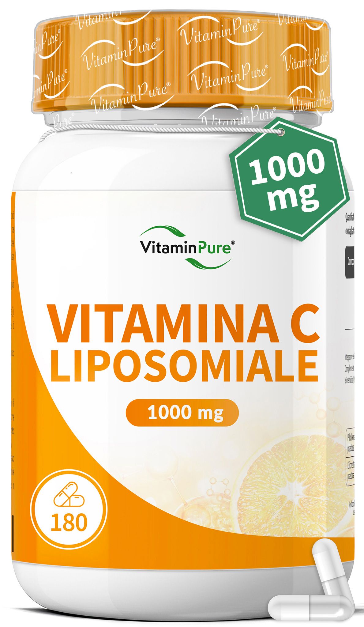 Una bottiglia bianca di VitaminPure® Vitamina C Liposomiale 1000mg. L'etichetta mostra il nome del marchio, il nome del prodotto e il dosaggio. La bottiglia contiene 180 capsule. Alcune capsule sono accanto.