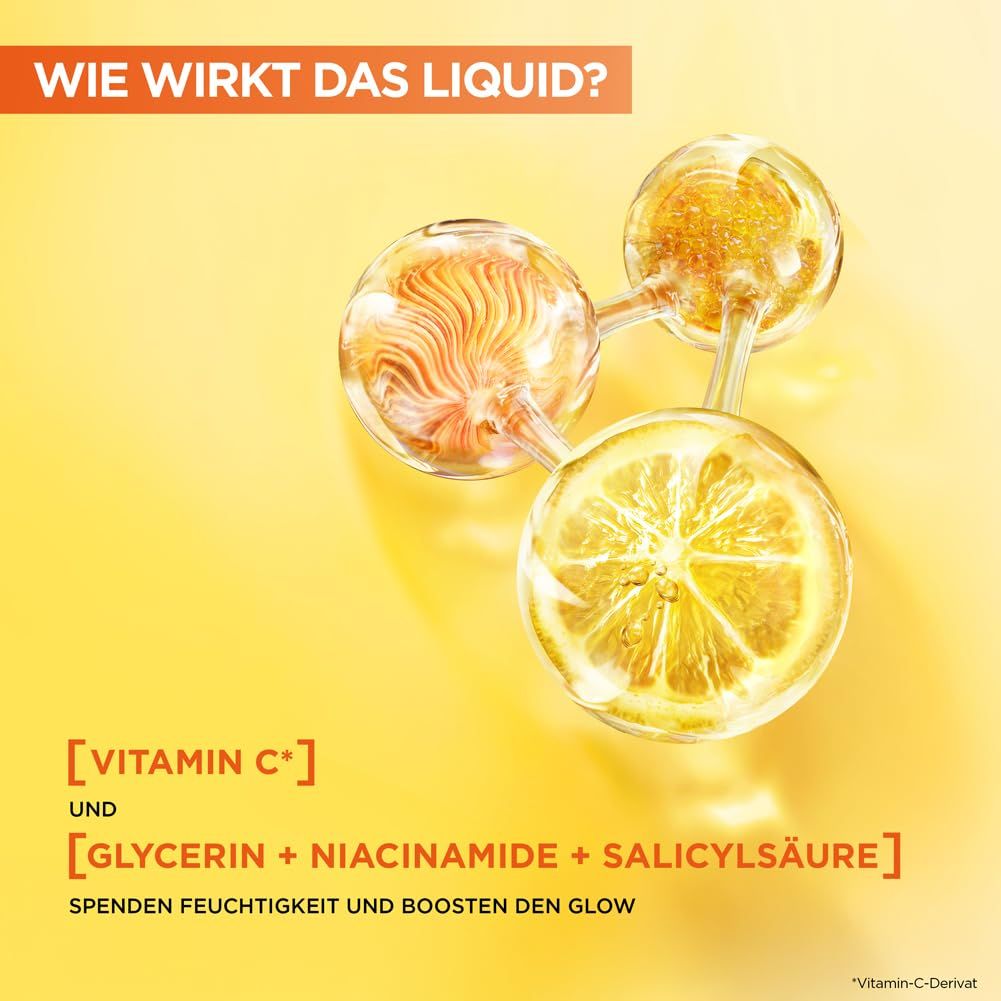 Grafische Darstellung von Molekülen. Text: Vitamin C, Glycerin, Niacinamid, Salicylsäure. Spenden Feuchtigkeit und boosten den Glow.