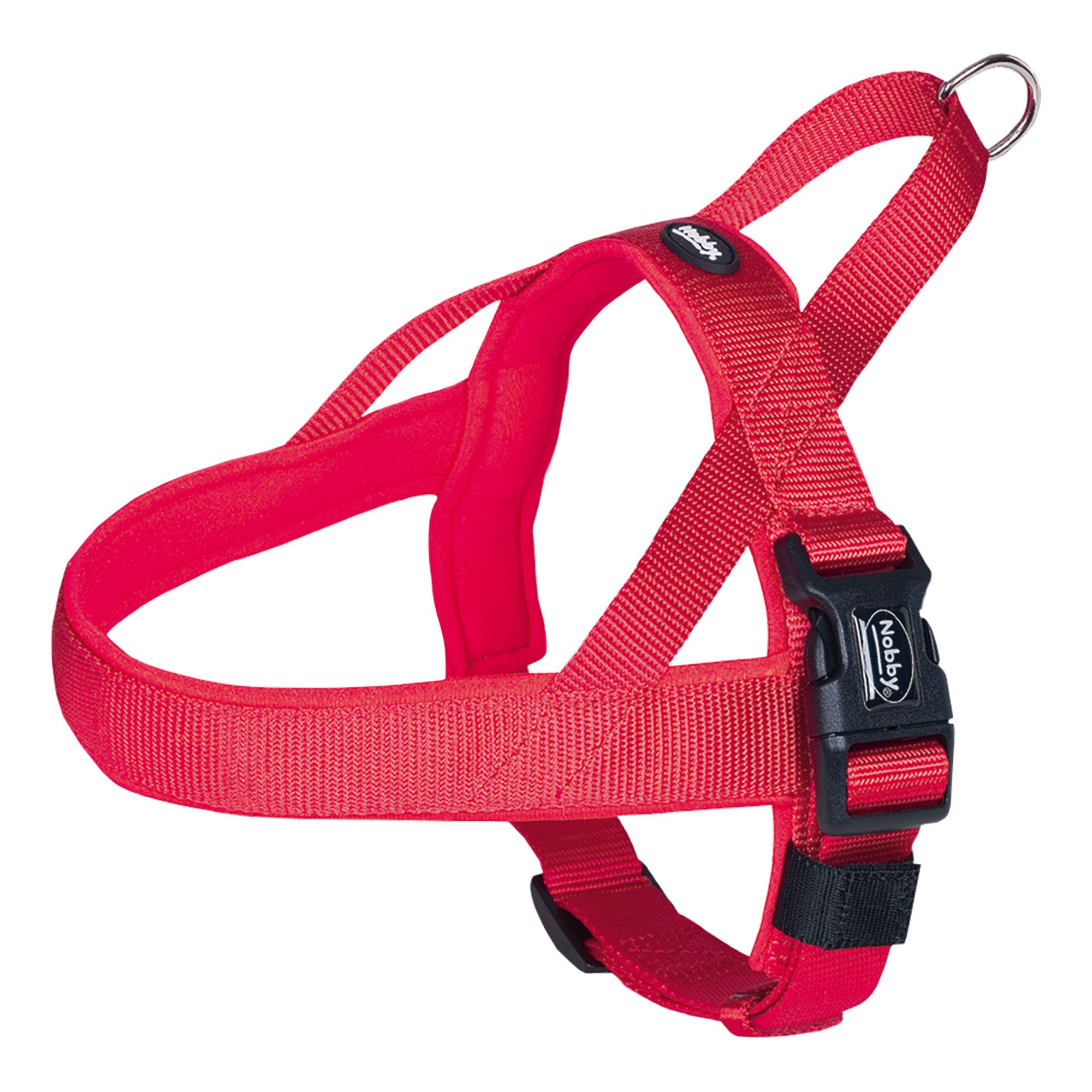 Rotes Hundegeschirr mit schwarzem Verschluss. Marke Nobby. Gepolstert, mit Metallring.