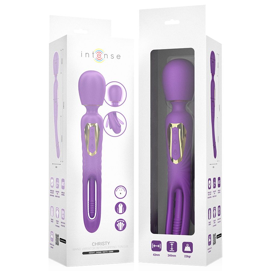 Verpackung mit lila Stab mit Zunge. Produktabbildung, Logo und Produktname. Abmessungen und Symbole.