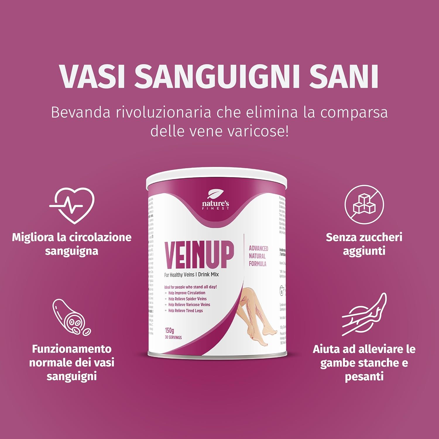 Produktverpackung mit Text und Illustrationen. Dose mit VEINUP-Aufschrift. Grafiken: Herz, Gefäße, Zuckerfrei, müde Beine.