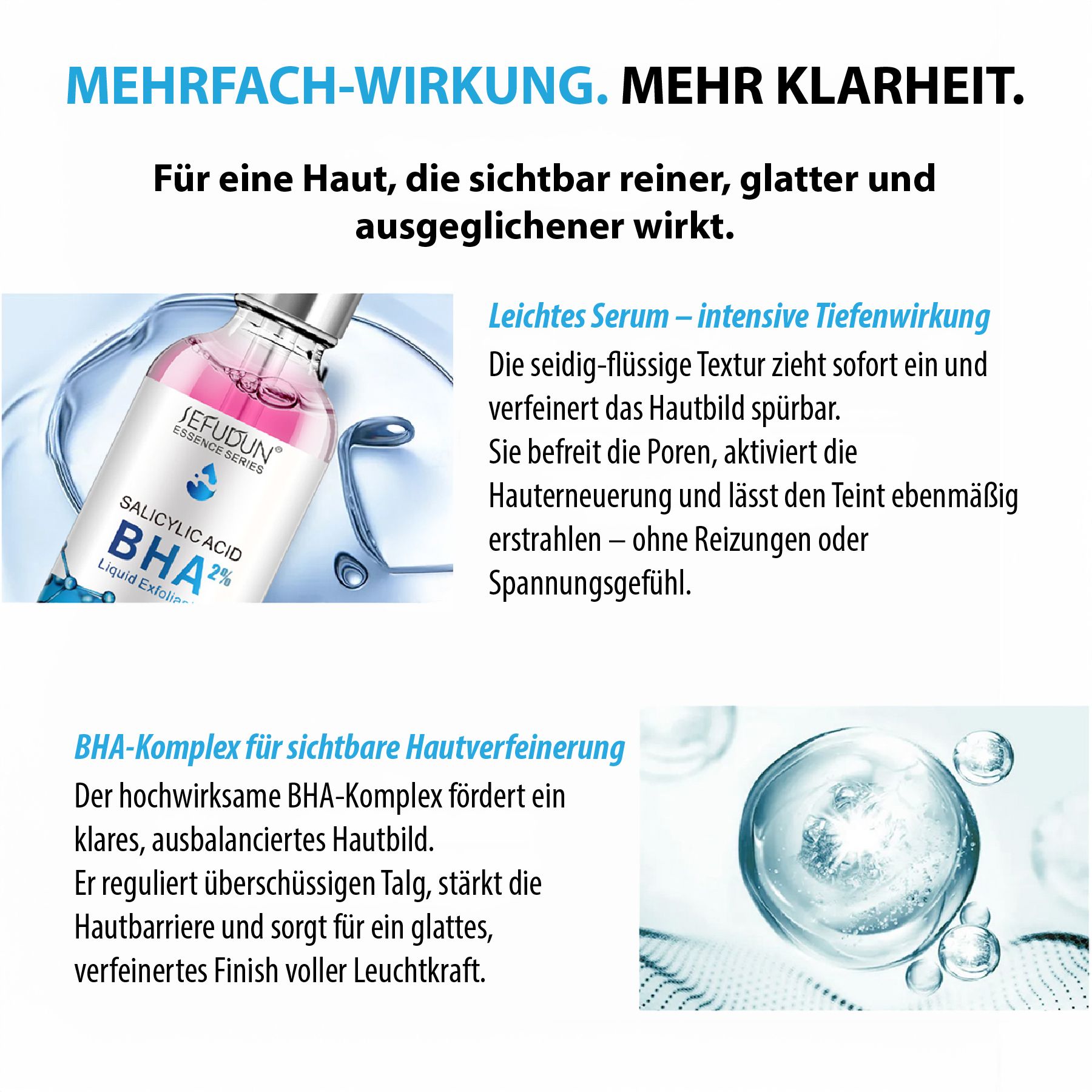 Serumflasche mit Pipette. Text: SEFUDUN, Salicylsäure BHA 2%. Text in deutscher Sprache. Hintergrund: Blasen.