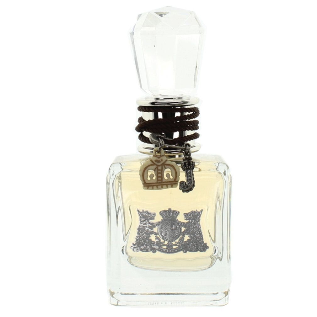 Juicy Couture Eau de Parfum Flakon mit Anhängern. Quadratischer Glasflakon mit silbernem Emblem, Band und Anhängern.