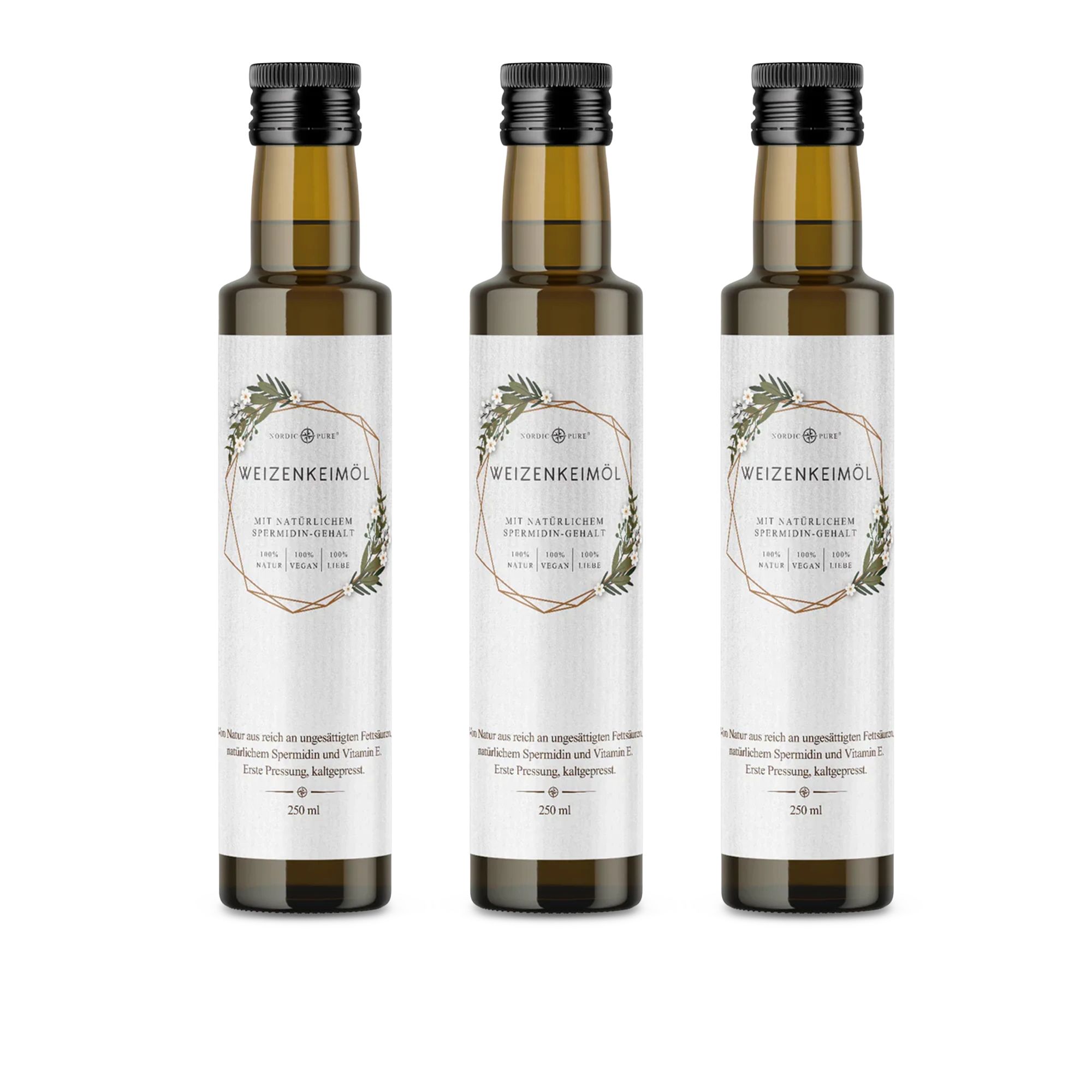 Drei Flaschen Weizenkeimöl mit schwarzem Deckel und weißem Etikett. Aufschrift: Weizenkeimöl, mit Vitamin E + Spermidin.