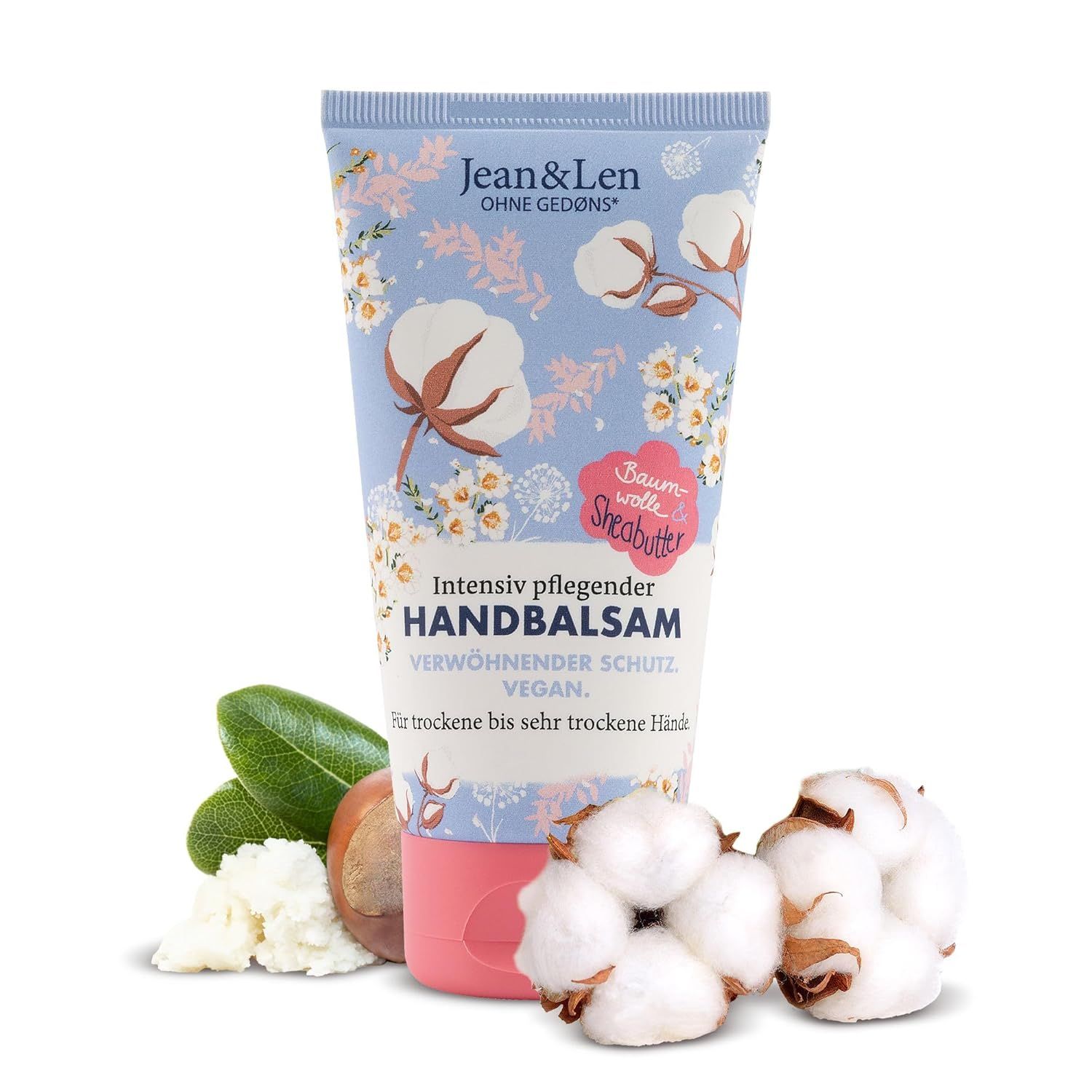 Handbalsam-Tube mit Baumwoll- und Sheabutter-Motiven. Text: Intensiv pflegender Handbalsam, vegan. Produkt und Zutaten auf weißem Hintergrund.