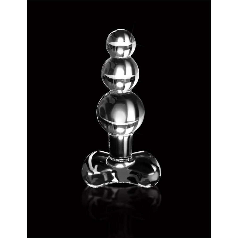 Glas-Plug mit drei Kugeln und einem breiten, tropfenförmigen Fuß. Transparentes Material, glatte Oberfläche, schwarzer Hintergrund.