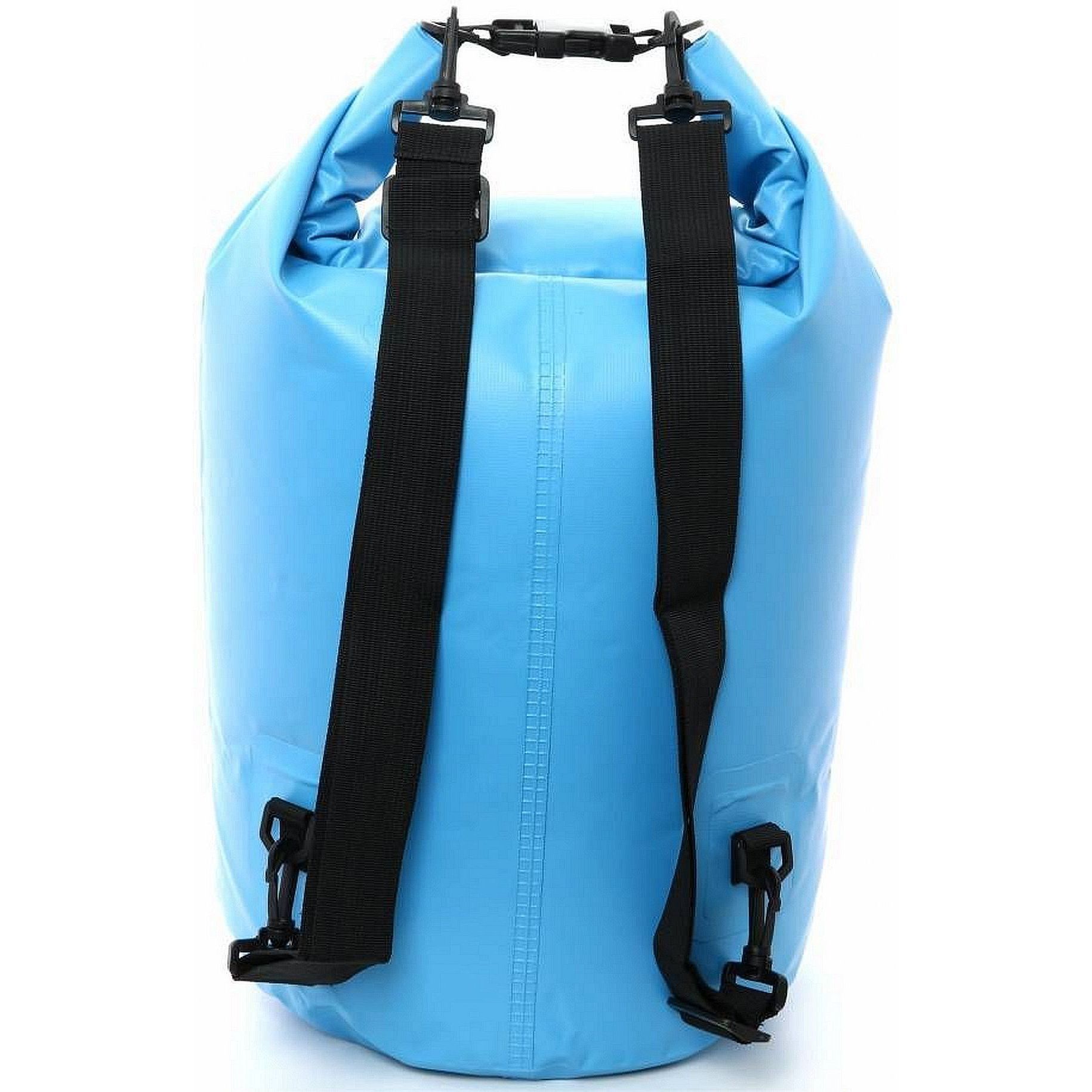 Blauer Packsack mit zwei schwarzen Schultergurten und Verschlüssen. LA VAGUE.