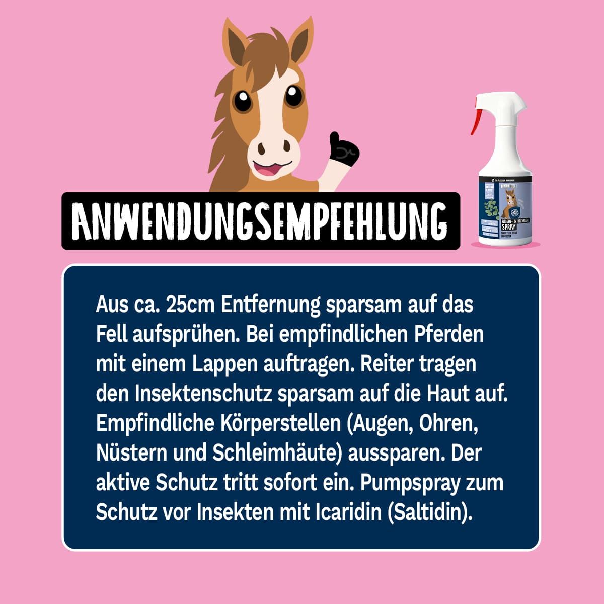 Illustration: Pferd mit Daumen hoch und Sprühflasche. Text: Anwendungsempfehlung. Rosa Hintergrund.