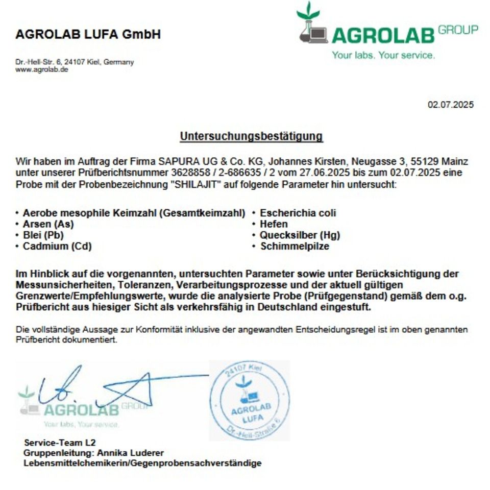 Zertifizierungsdokument von AGROLAB LUFA GmbH. Untersucht auf Aerobe mesophile Keimzahl, E. coli, Arsen, Blei, Cadmium, Hefen, Quecksilber, Schimmelpilze.
