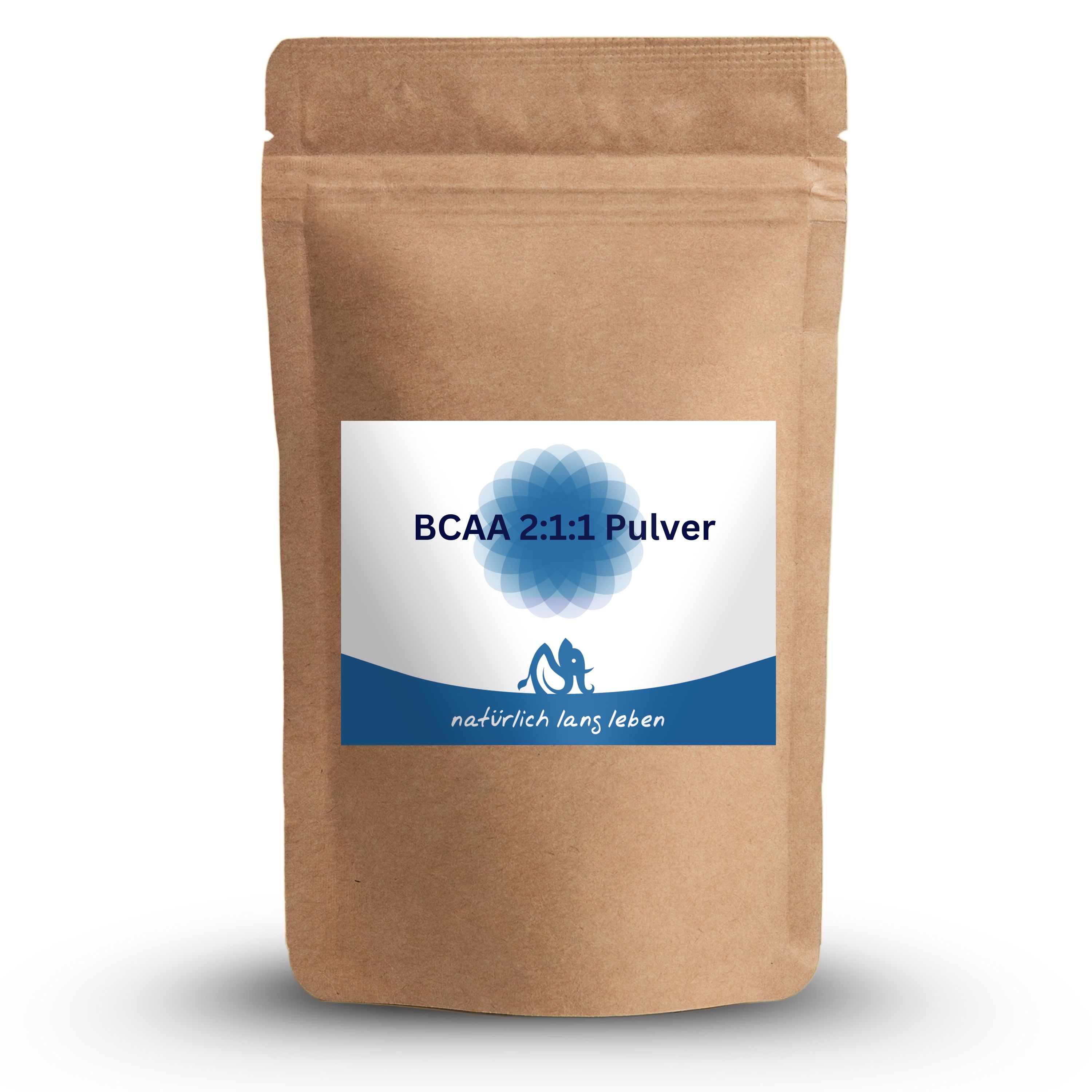 Beutel mit BCAA 2:1:1 Pulver. Aufkleber mit Produktbezeichnung und Logo. Braune Verpackung.