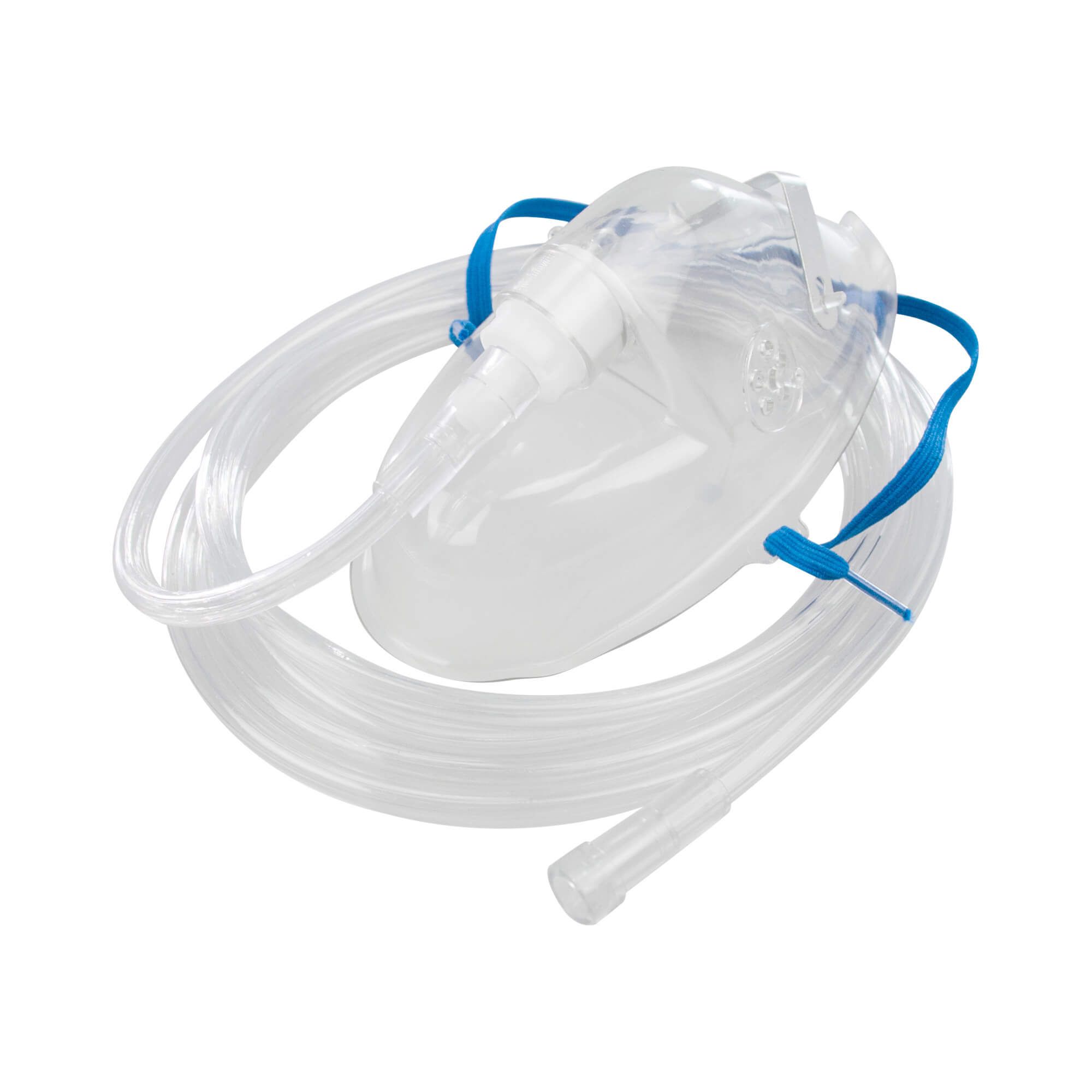 Sauerstoffmaske für Erwachsene. Transparentes Material, blaue Haltebänder und Schlauch. Auf weißem Hintergrund.