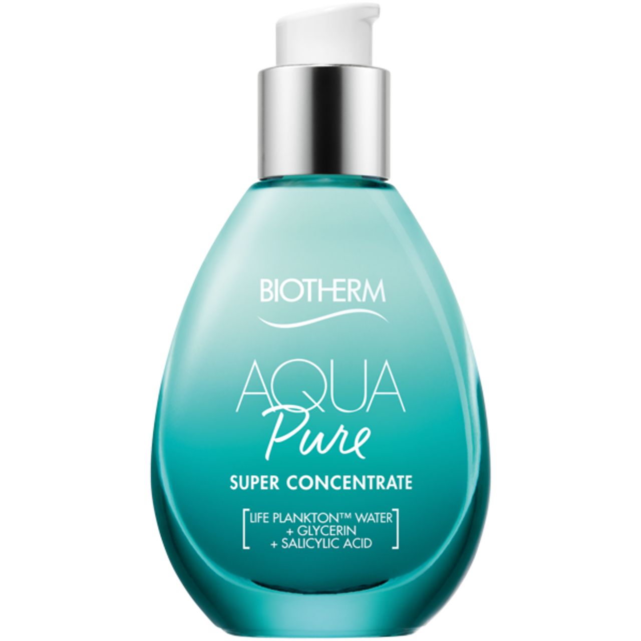 Blau-grüne Flasche mit Pumpe. BIOTHERM Aqua Pure Super Concentrate. Enthält Glycerin, Salicylsäure und Life Plankton Water.