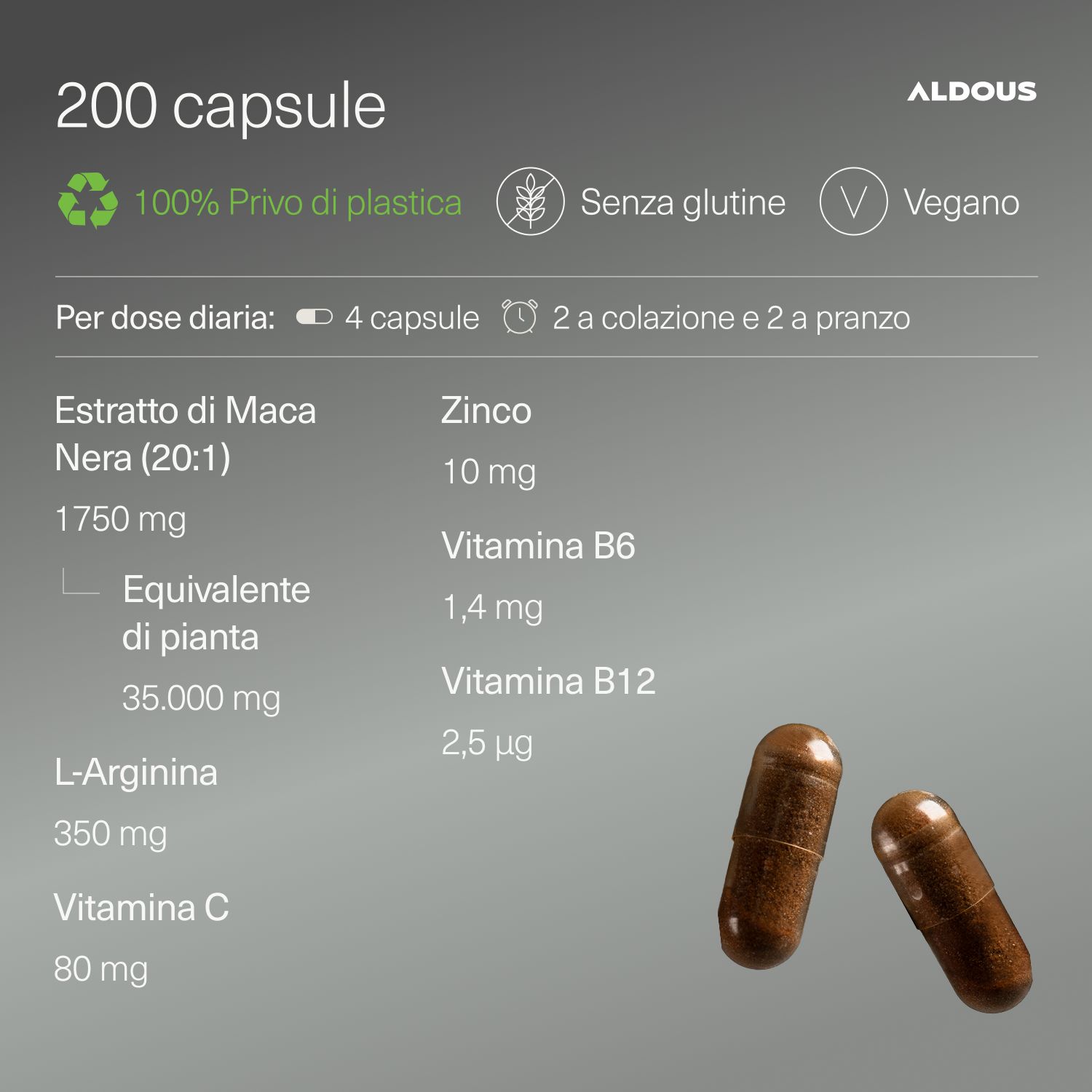 Aldous Maca Nera: 200 Kapseln. 100% plastikfrei, glutenfrei, vegan. Tagesdosis: 4 Kapseln.
