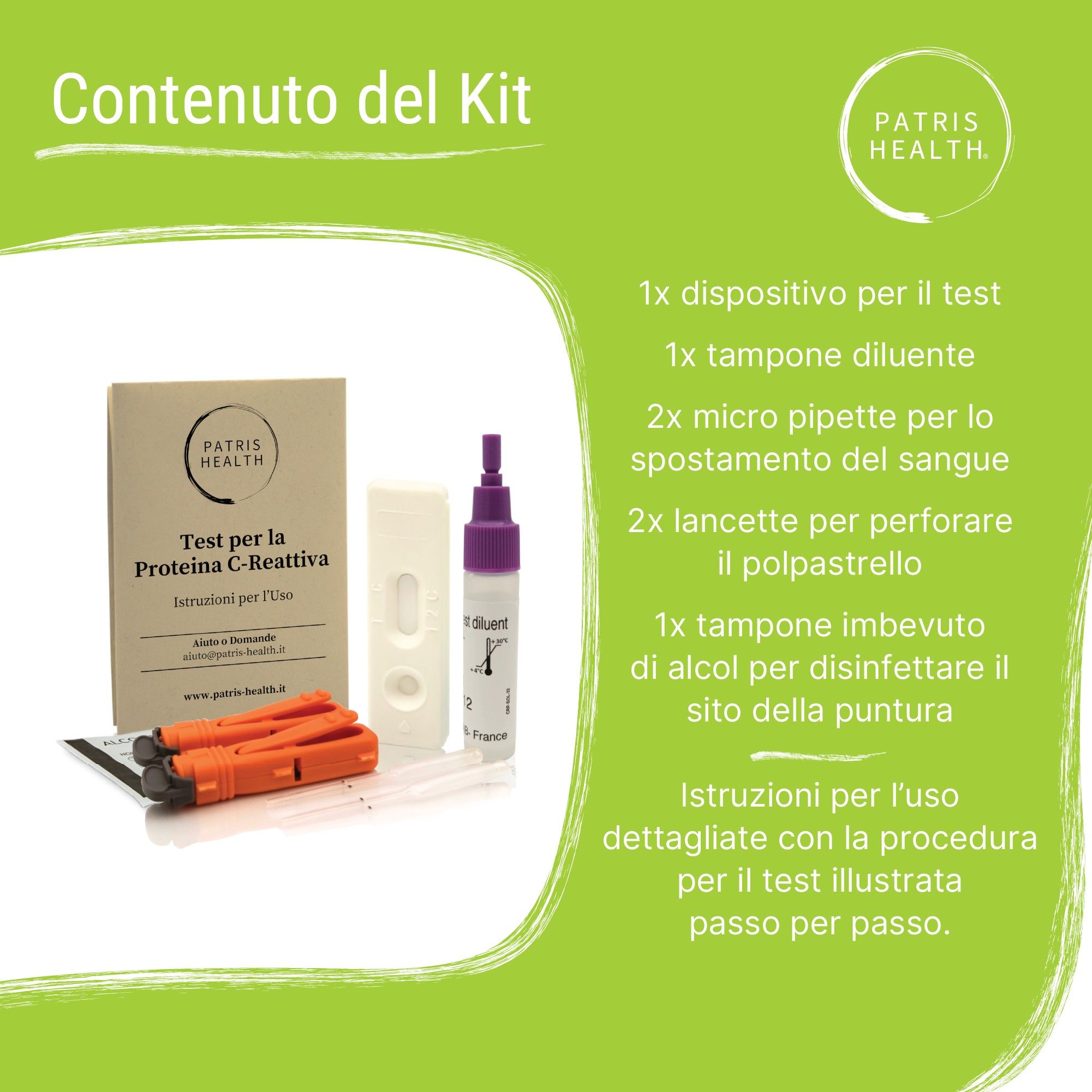 Contenuto del kit. Il kit include dispositivo di test, tampone diluente, micropipette, lancette, tampone alcolico e istruzioni.