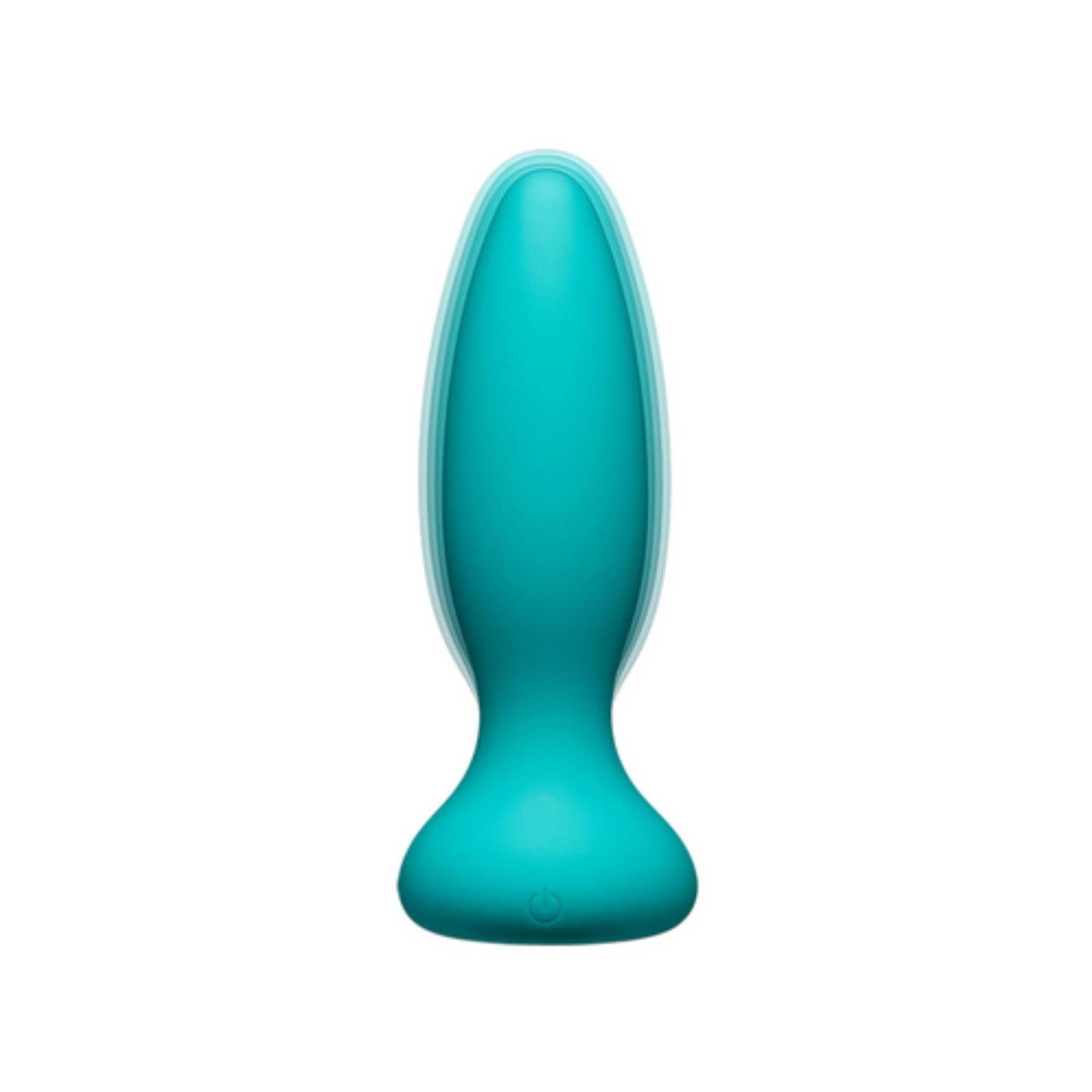 Blauer Analplug. Material: Silikon. Form: konisch. Basis mit abgerundeter Form.