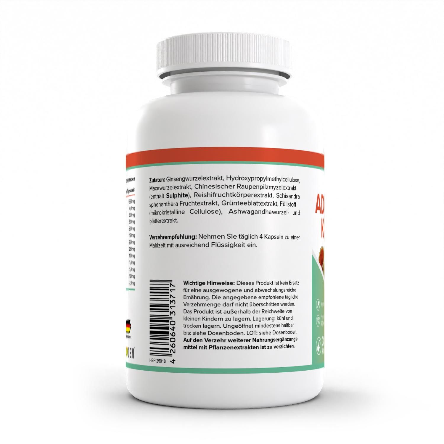 Weiße Flasche mit rotem und grünem Etikett. Text: HEALTH+ ADAPTOGEN KOMPLEX, Zutatenliste, Warnhinweise, Barcode, Hergestellt in Deutschland.