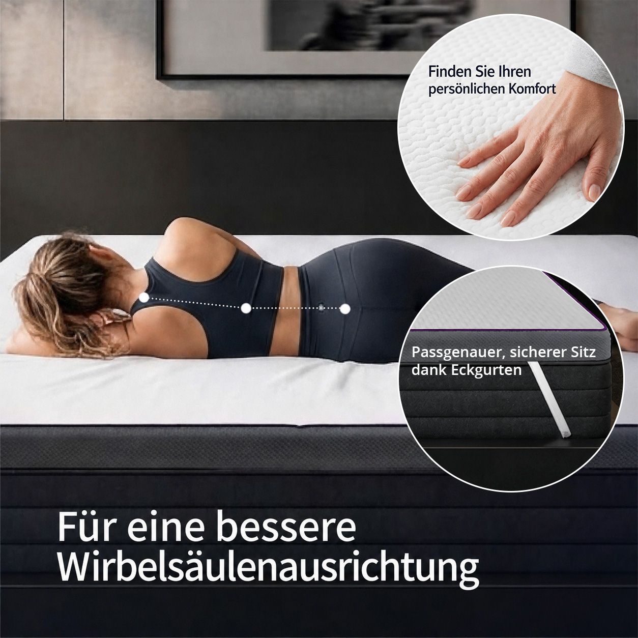 Frau liegt auf einem Bett, Hand berührt Topper. Eckgurte zur Befestigung des Toppers.