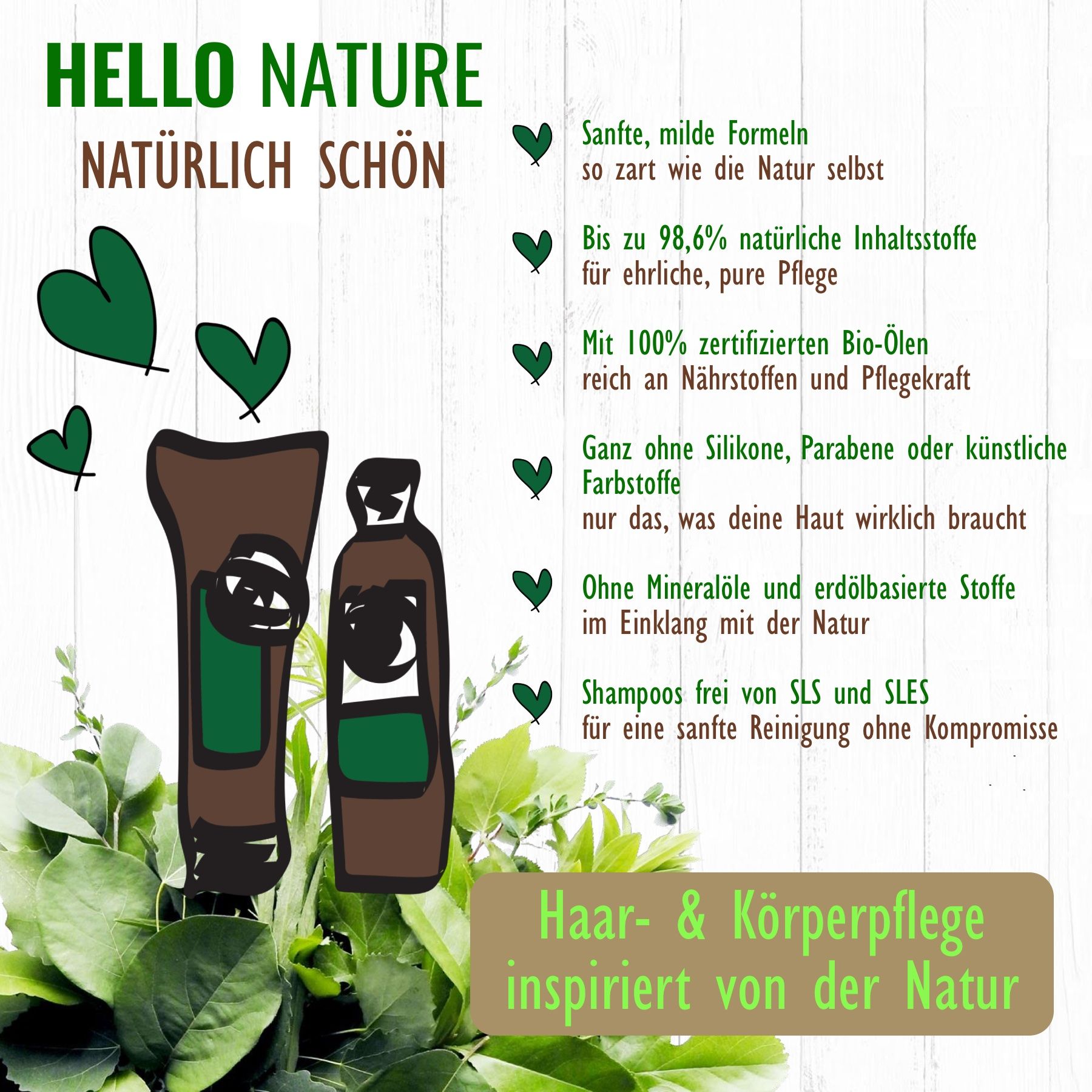 Zwei Produkte und Blätter. Text: Hello Nature. Text: Natürlich schön. Text: Haar- & Körperpflege inspiriert von der Natur.