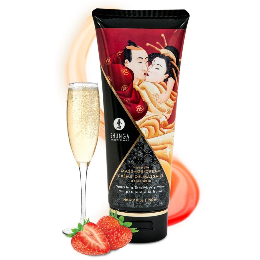 Tube Massagecreme, Glas Sekt, Erdbeeren. Paar-Illustration, Text und Logo. Schwarzer Deckel.