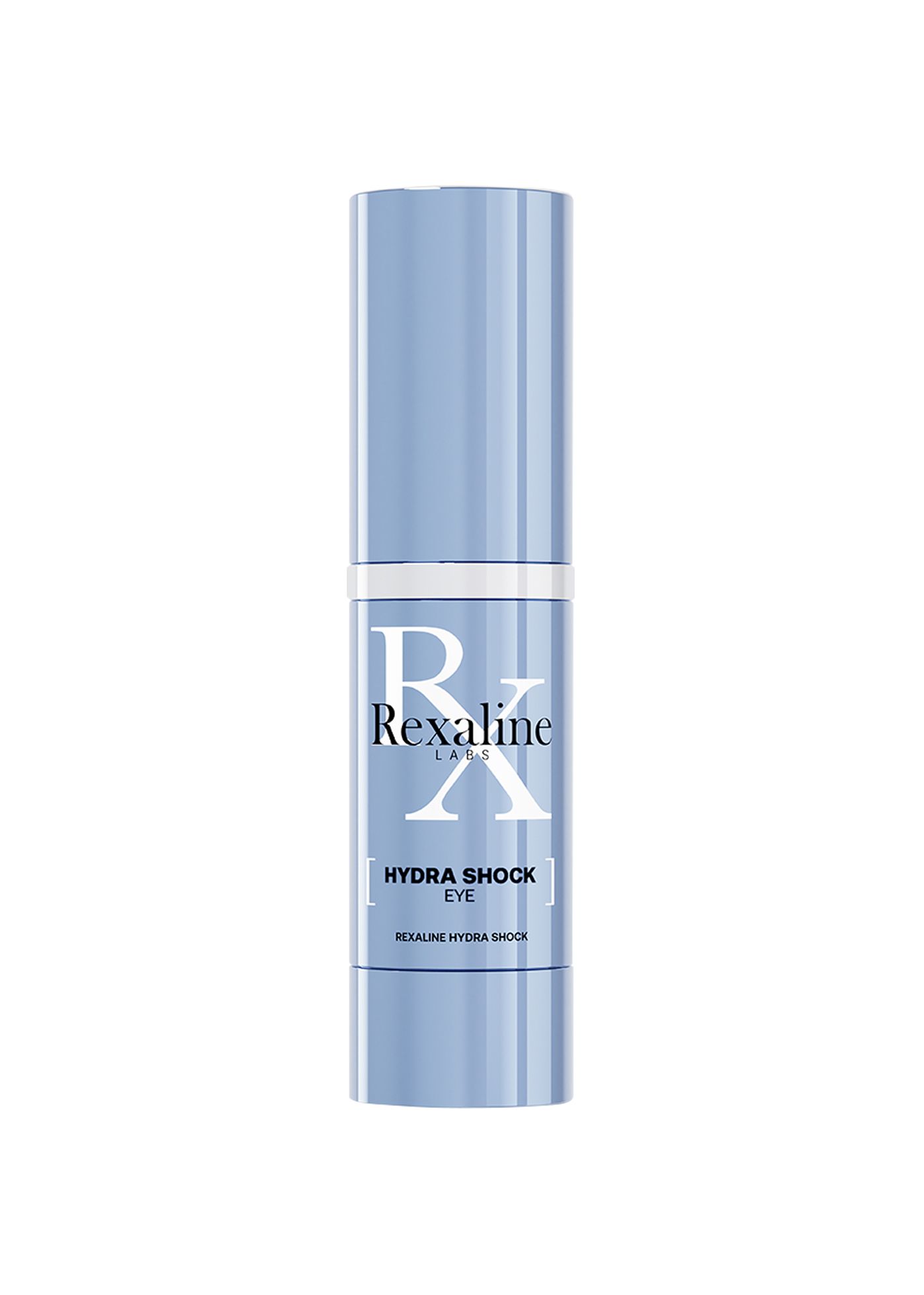 Hellblaues Rexaline Hydra Shock Eye Produkt. Weißer Schriftzug auf dem Flakon. Deckel und Flakon sind zylindrisch.