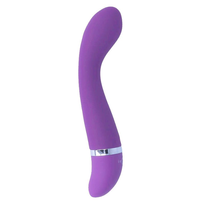 Lila Vibrator mit geschwungener Form. Silberfarbener Ring am unteren Ende. Marke "Intense" sichtbar.