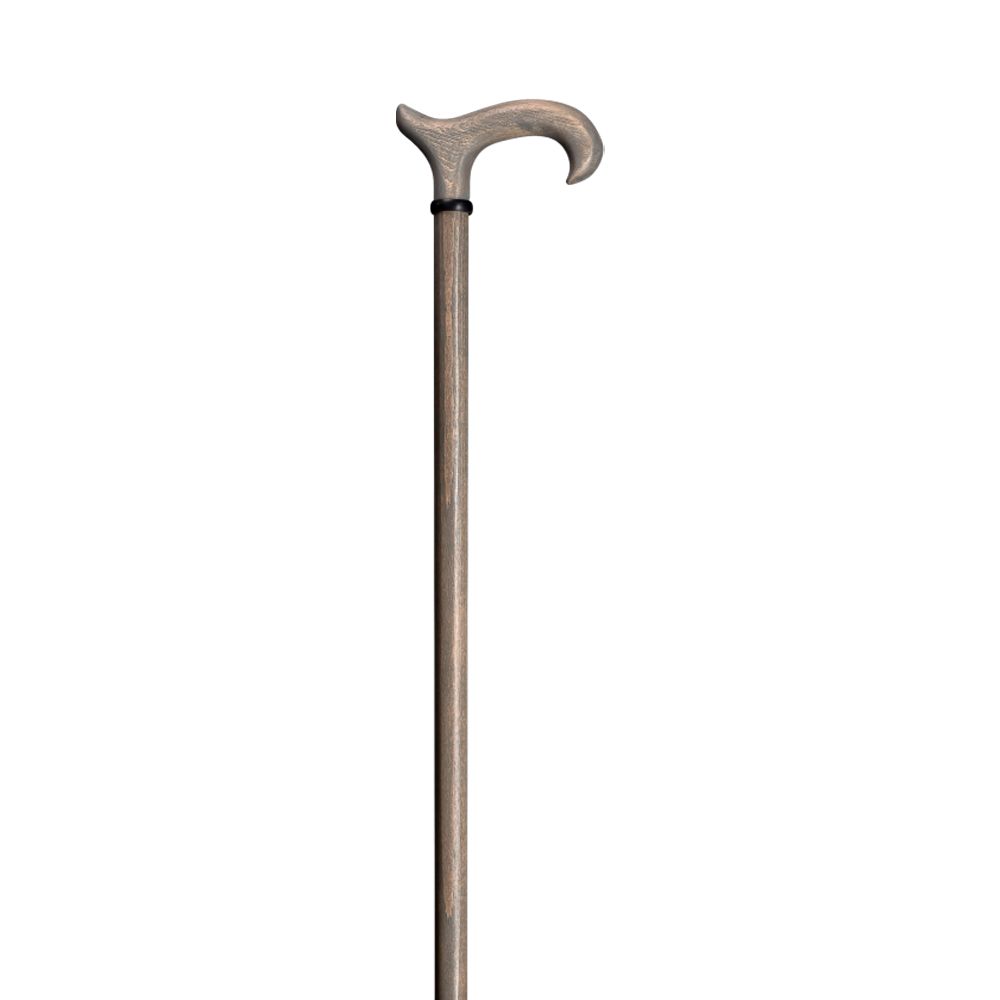 Gehstock mit Derbygriff in Steingrau. Holzschaft, schwarzer Ring am Griffansatz. Der Griff ist ergonomisch geformt.