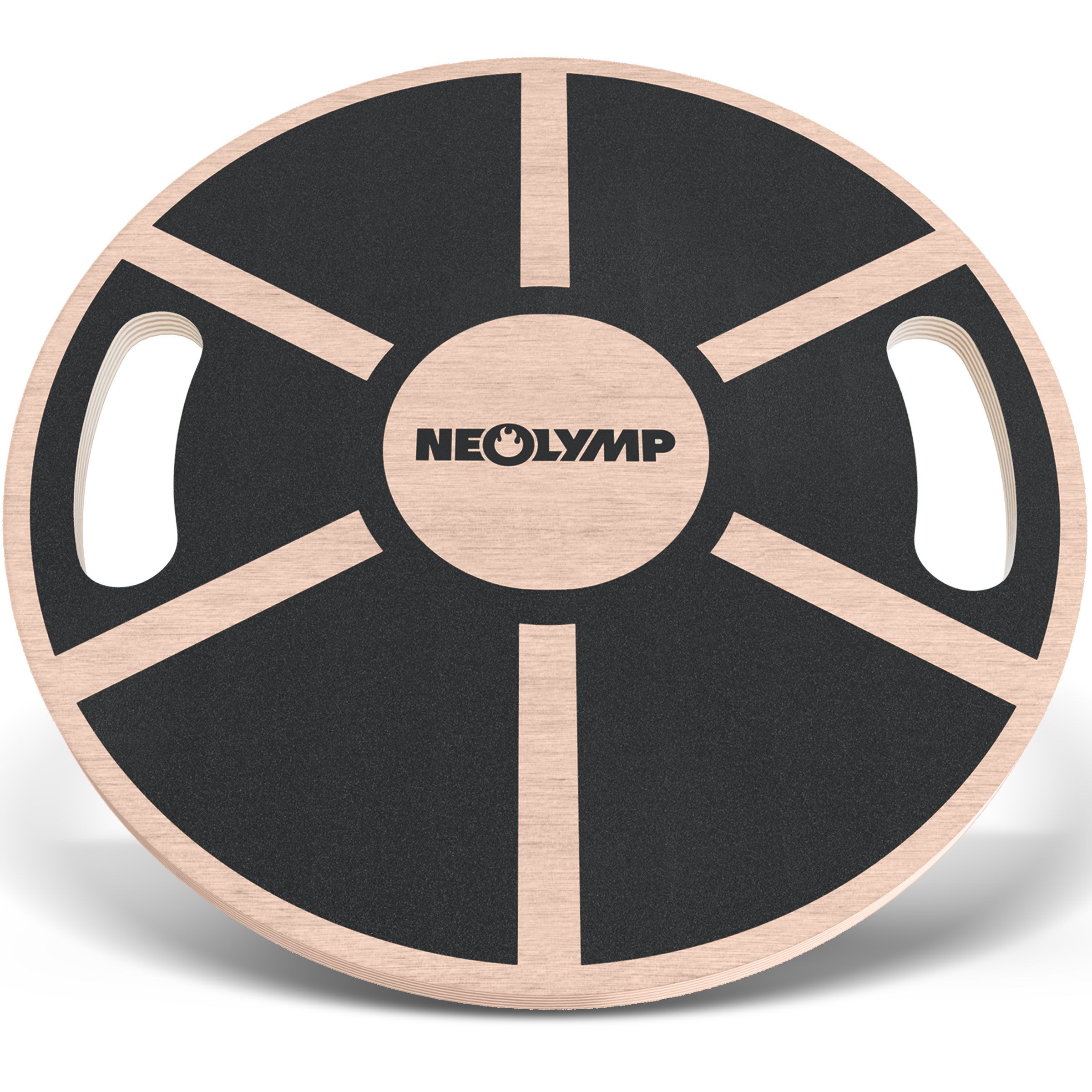Rundes Balance Pad mit Griffen. Schwarze, rutschfeste Oberfläche, Holzrahmen. NEOLYMP Logo mittig.