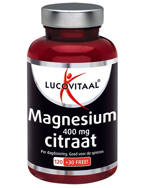 Rote Flasche mit weißem Etikett. Aufschrift: Lucovitaal Magnesium Citraat 400 mg. 120 + 30 Tabletten.