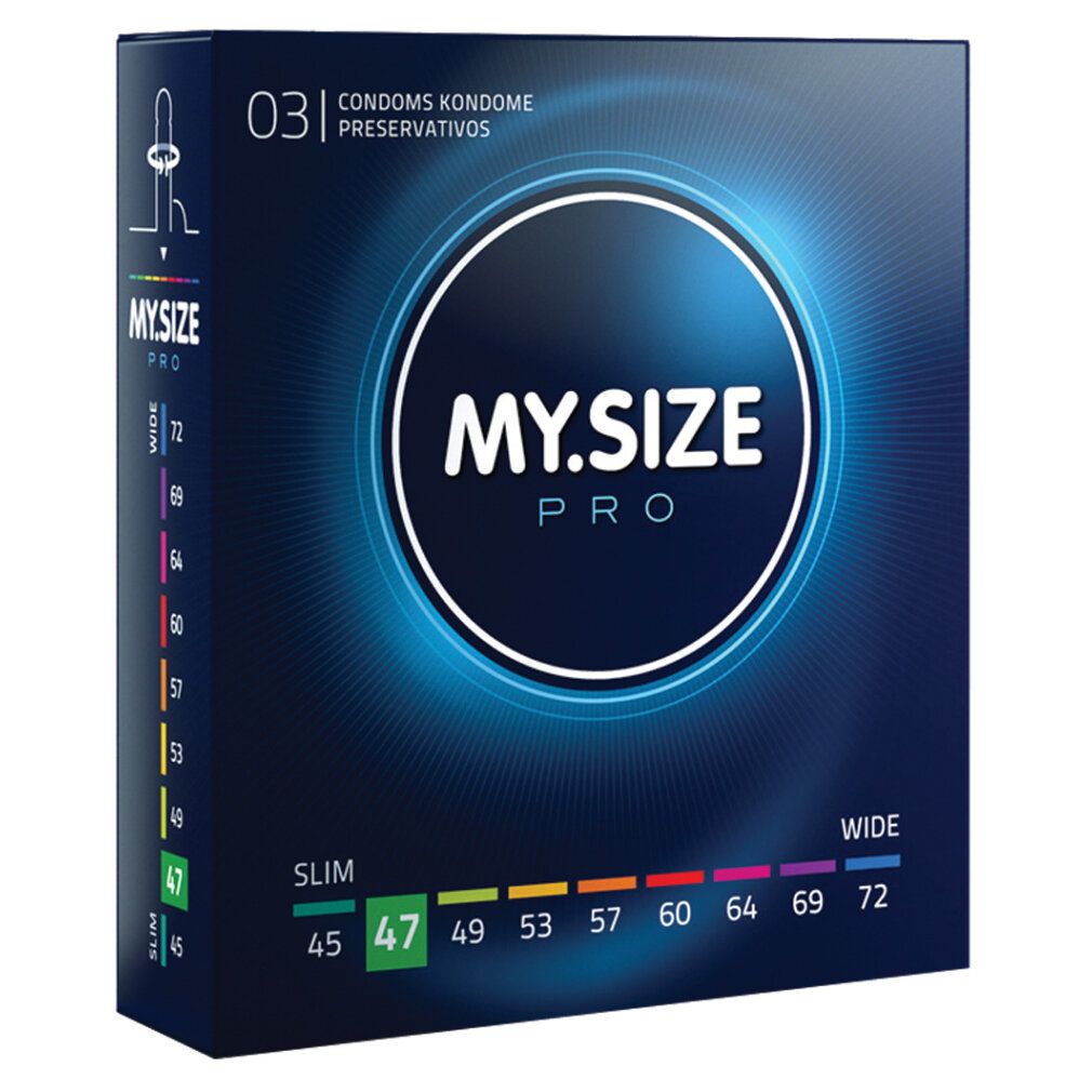 Kondomverpackung. Aufschrift: MY.SIZE PRO. Größen: 45, 47, 49, 53, 57, 60, 64, 69, 72 mm. 47 mm hervorgehoben.