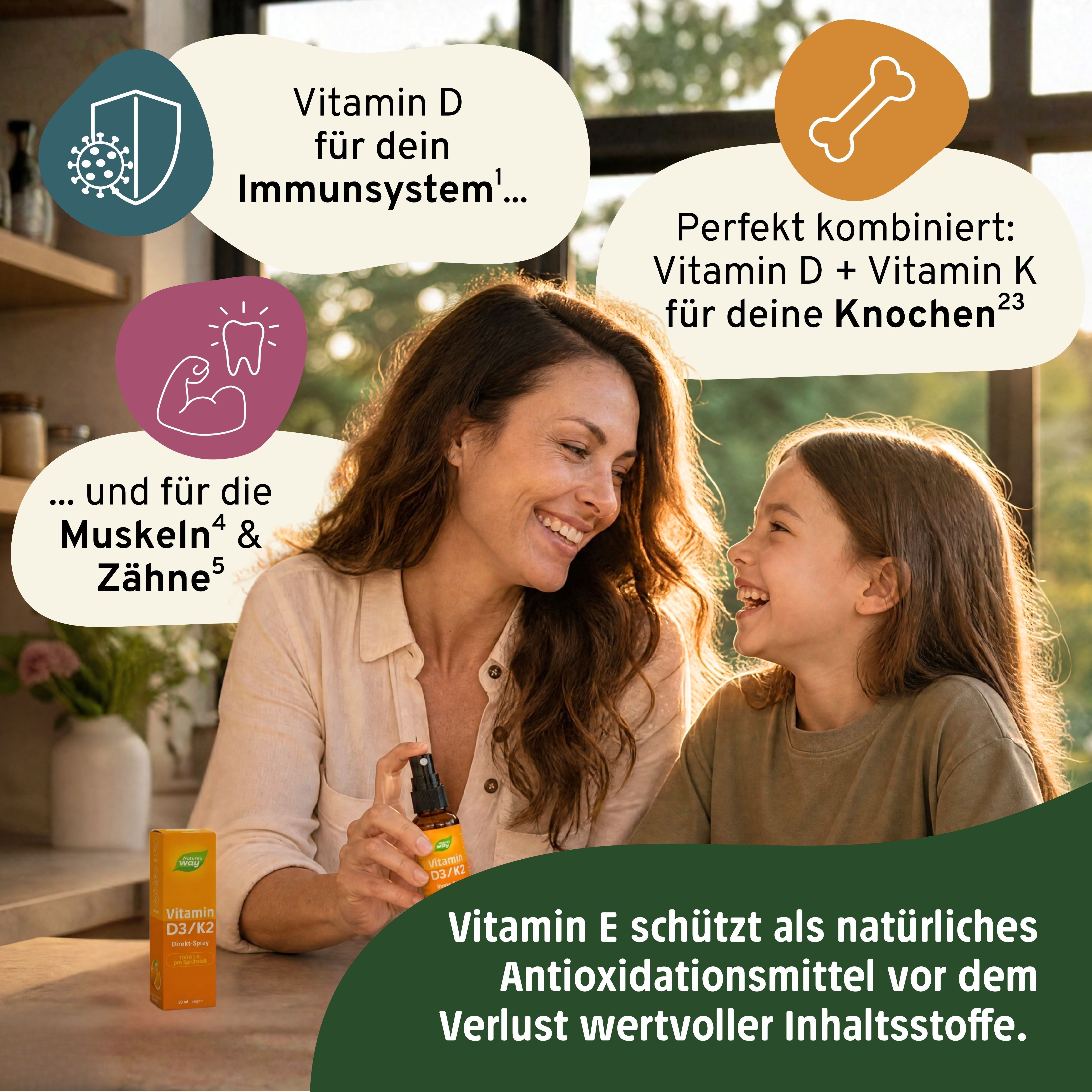 Frau und Kind mit Vitamin D3/K2 Direkt-Spray, mit Hinweisen zu Immunsystem, Knochen und Zähnen.