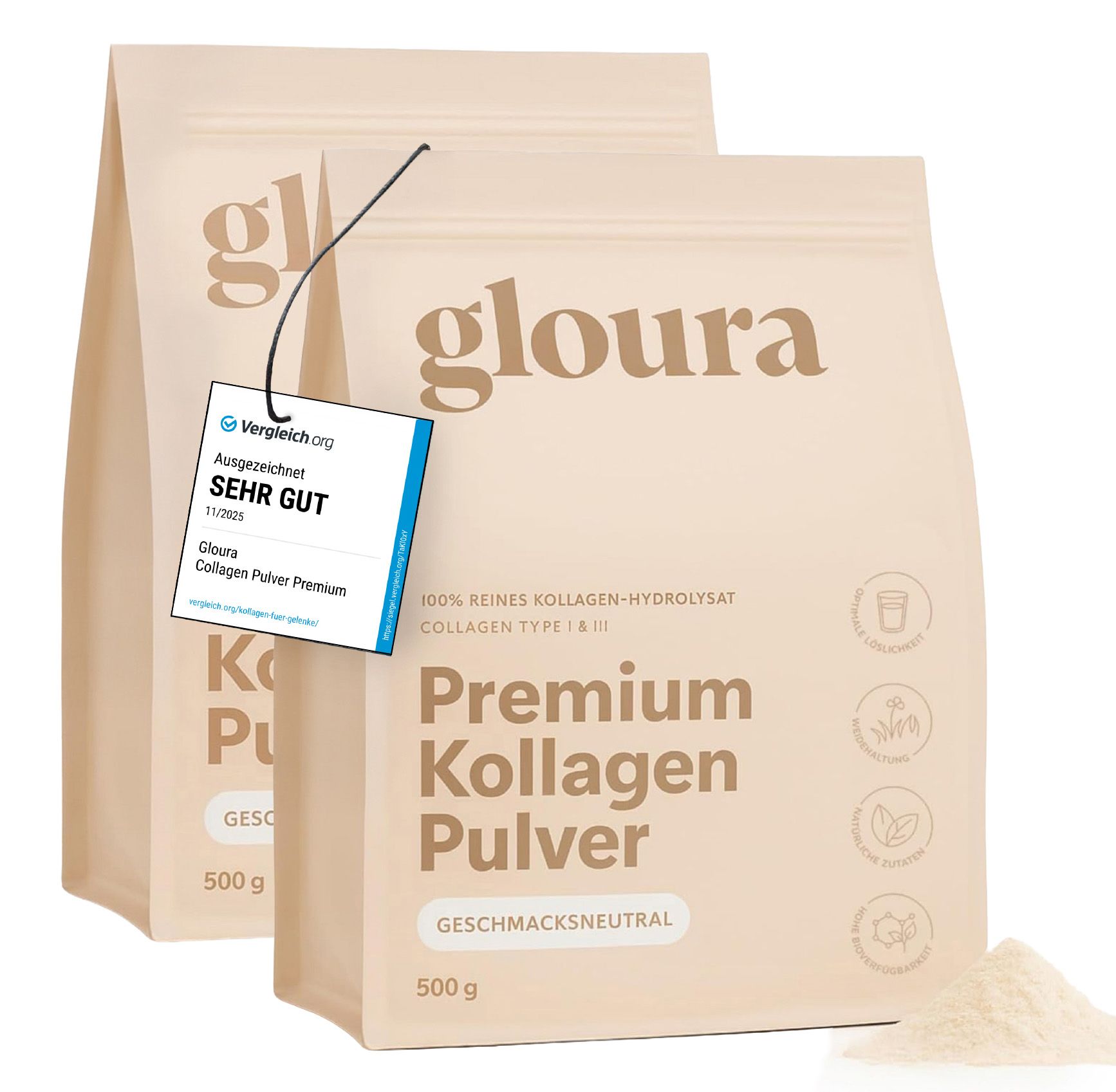 Zwei Packungen Gloura® Premium Kollagen Pulver. Text: 100% reines Kollagen-Hydrolysat. Ausgezeichnet: Sehr Gut.