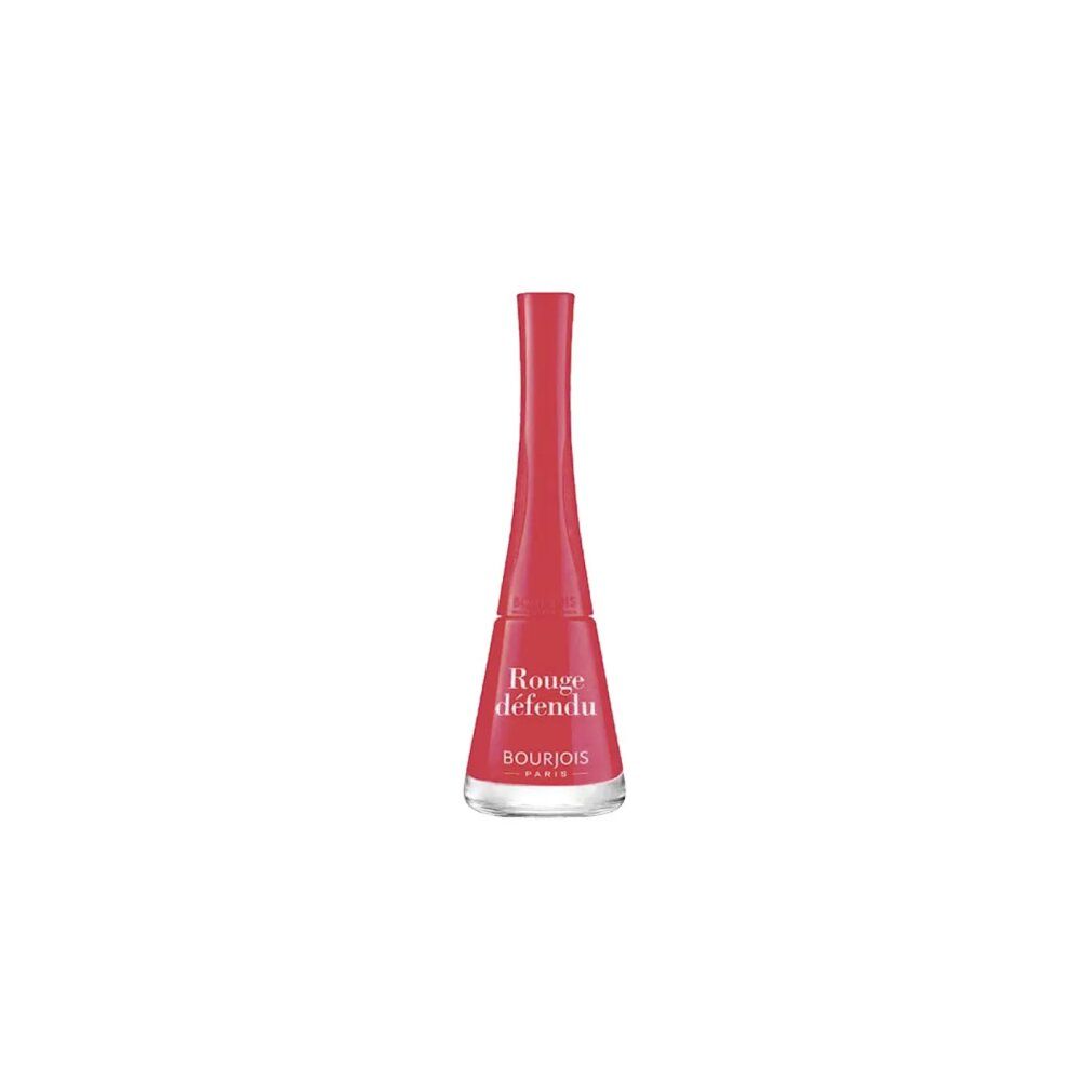 Roter Nagellackflakon. Aufschrift: Rouge défendu, Bourjois Paris. Glasflakon mit rotem Deckel.