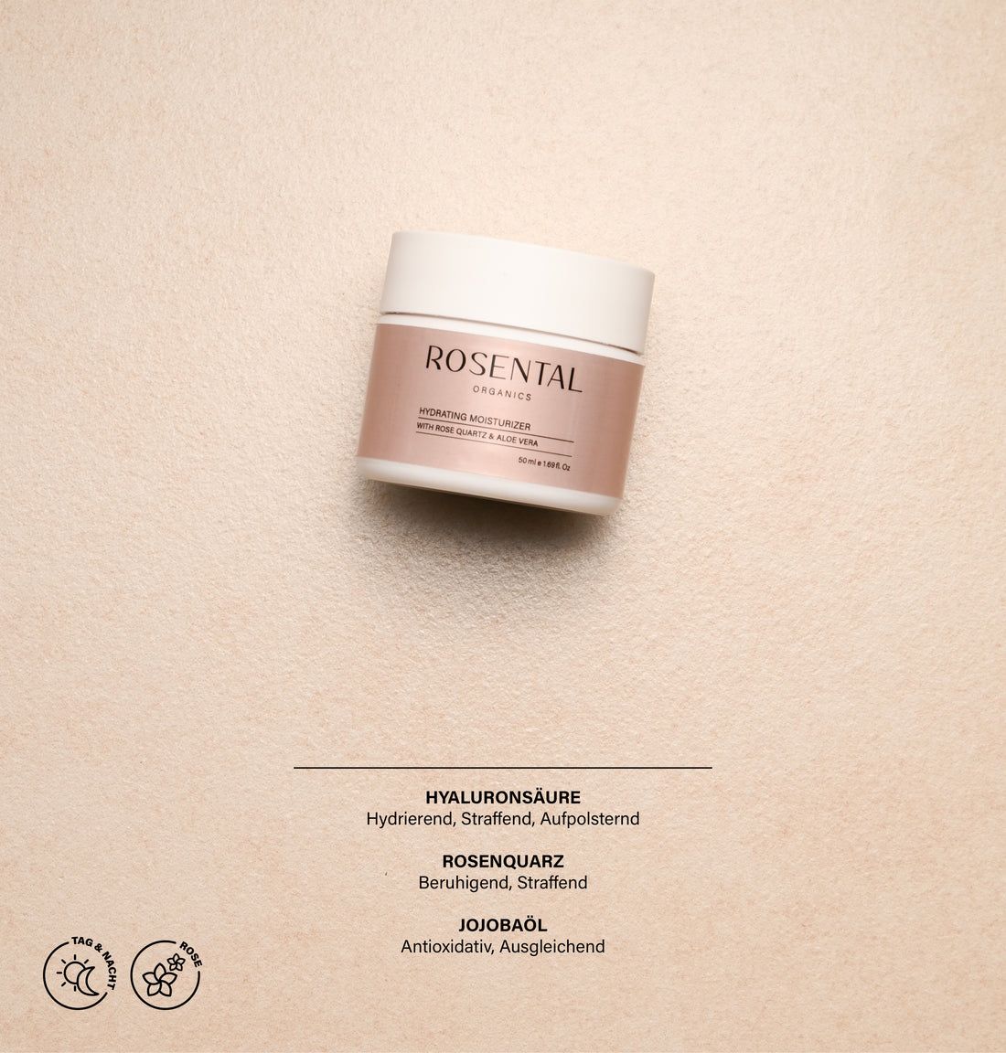Tiegel mit rosa Etikett auf beigem Hintergrund. Aufschrift: ROSENTAL ORGANICS, HYDRATING MOISTURIZER. Text: Hyaluronsäure, Rosenquarz, Jojobaöl.