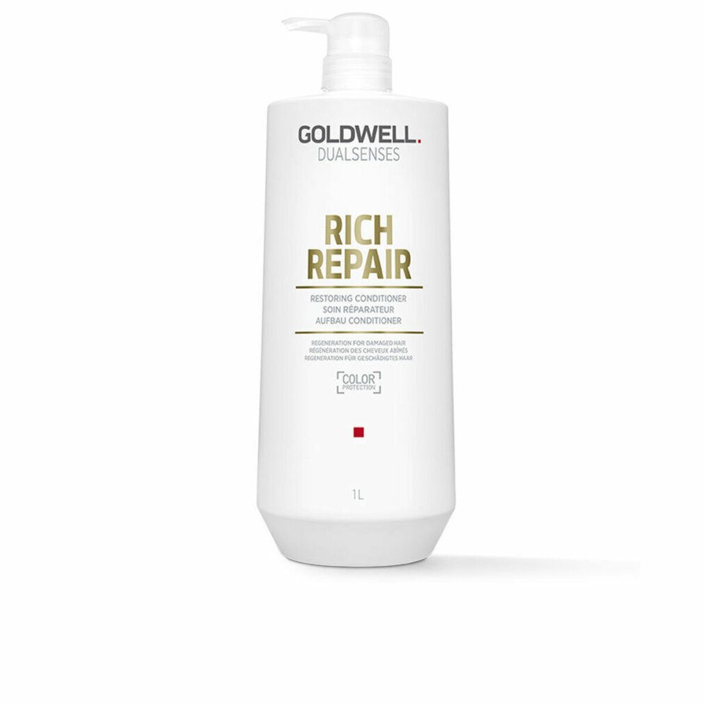 Weiße Flasche mit Pumpe. Aufschrift: Goldwell Dualsenses Rich Repair Restoring Conditioner. 1L.