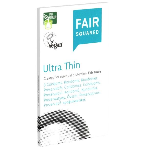 Verpackung mit Produktbezeichnung "Ultra Thin" und Logo "Fair Squared". Vegan-Siegel und Fair Rubber-Zertifizierung.