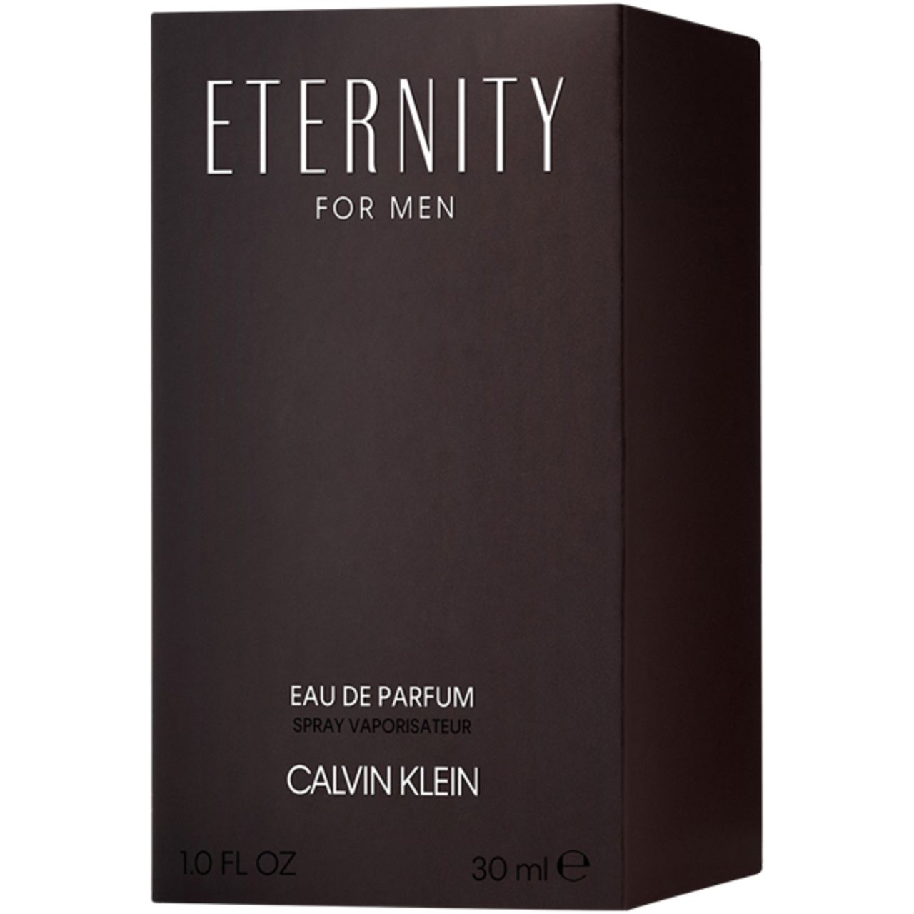 Schwarze Schachtel mit Schriftzug: Eternity For Men, Eau de Parfum, Calvin Klein. 30 ml.