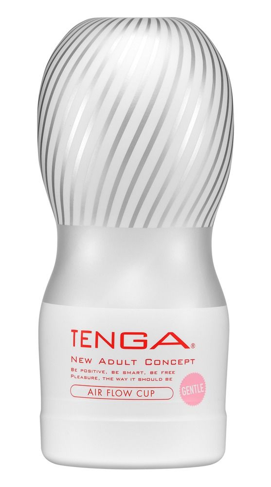 Weißes Produkt mit silbernen, diagonalen Streifen. Aufschrift: TENGA, NEW ADULT CONCEPT, AIR FLOW CUP, GENTLE. Rosa Label.