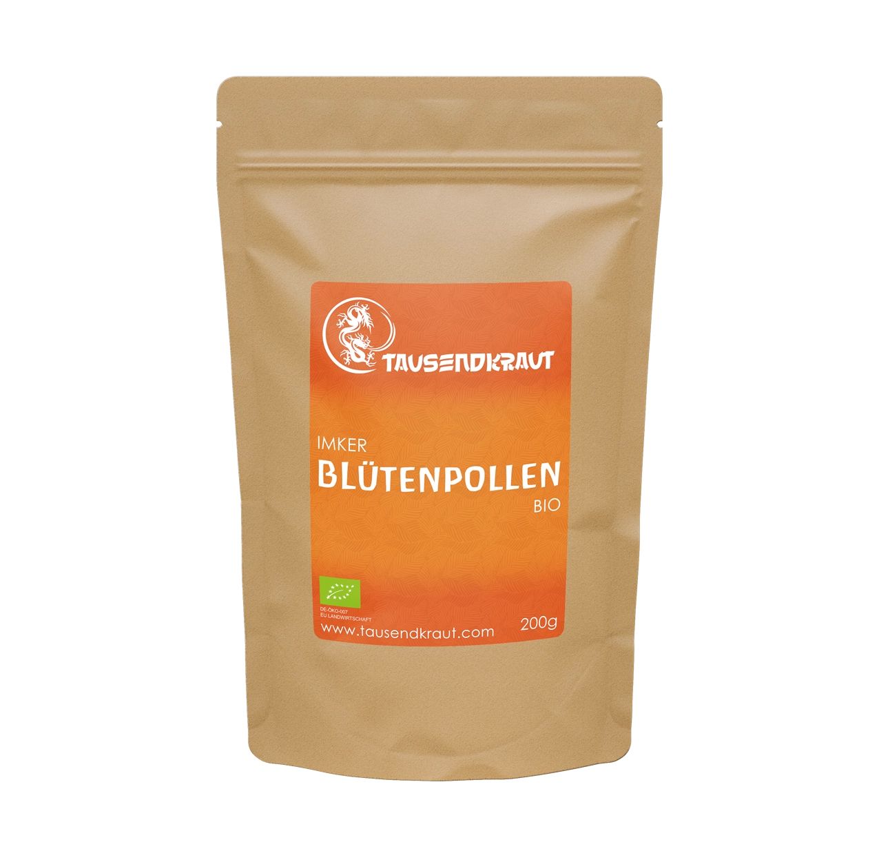 Beutel mit orangefarbenem Etikett. Aufschrift: Imker Blütenpollen BIO. Logo und Text von Tausendkraut. BIO-Siegel.
